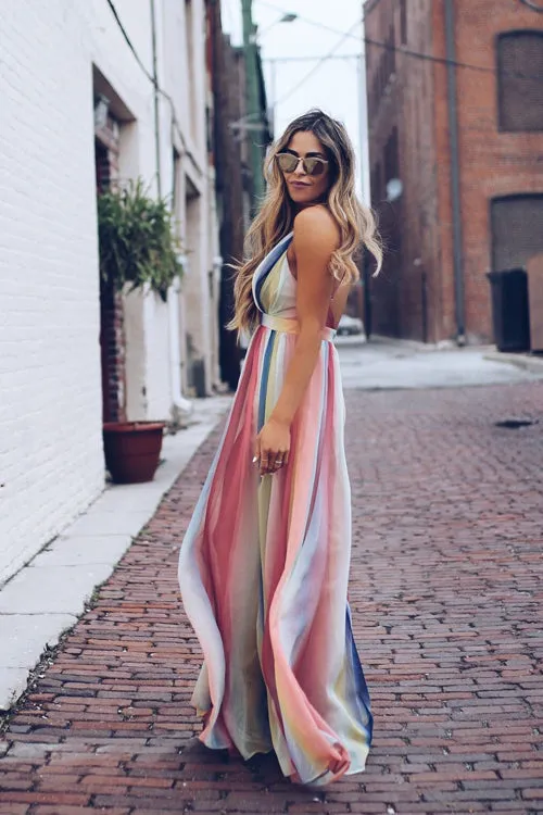 Boho Rainbow Color Crossback Maxi Dress