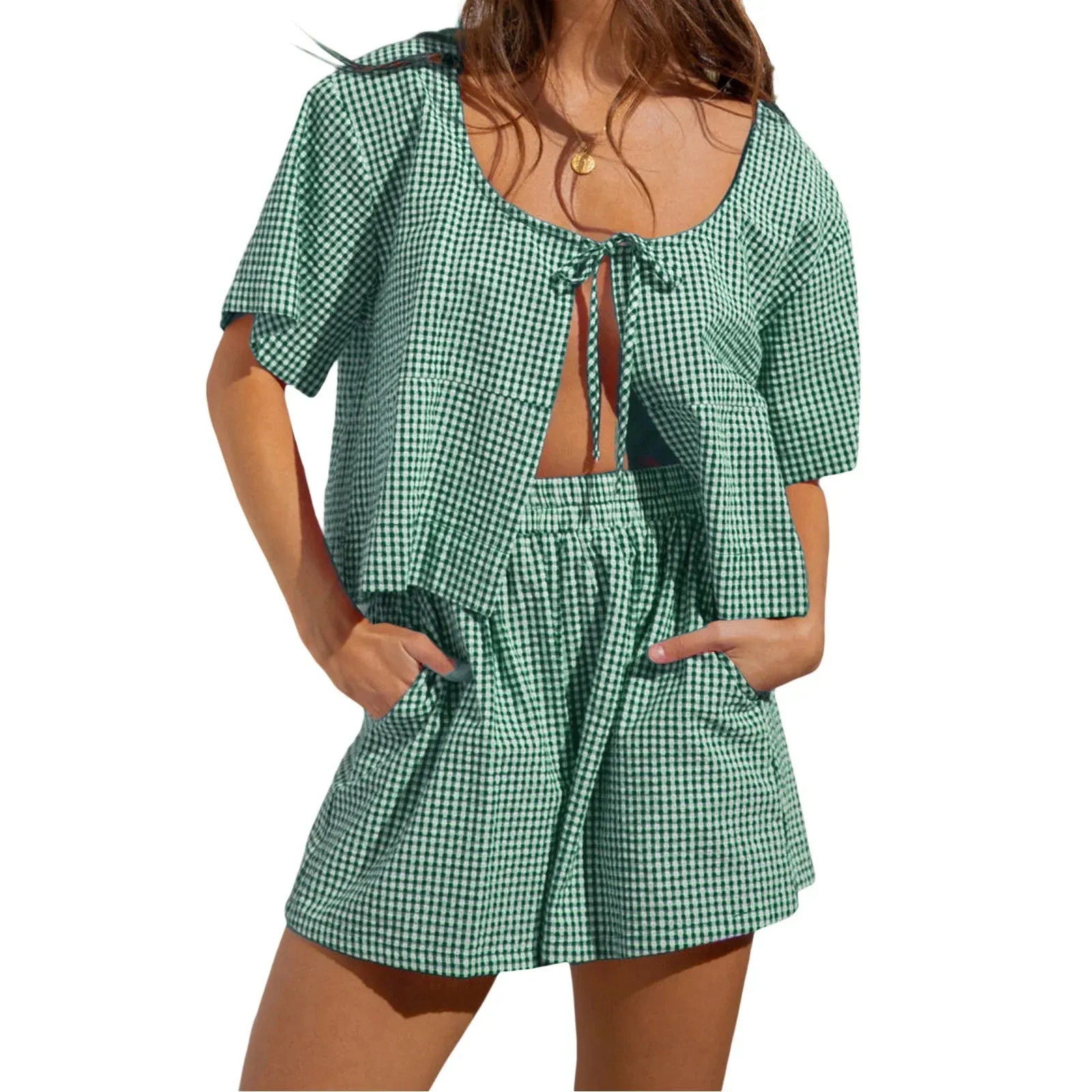 Bow Tie Front Short Sleeve Plaid Cutout Lace Up Ruffle Aesthetic Cute Pajamas