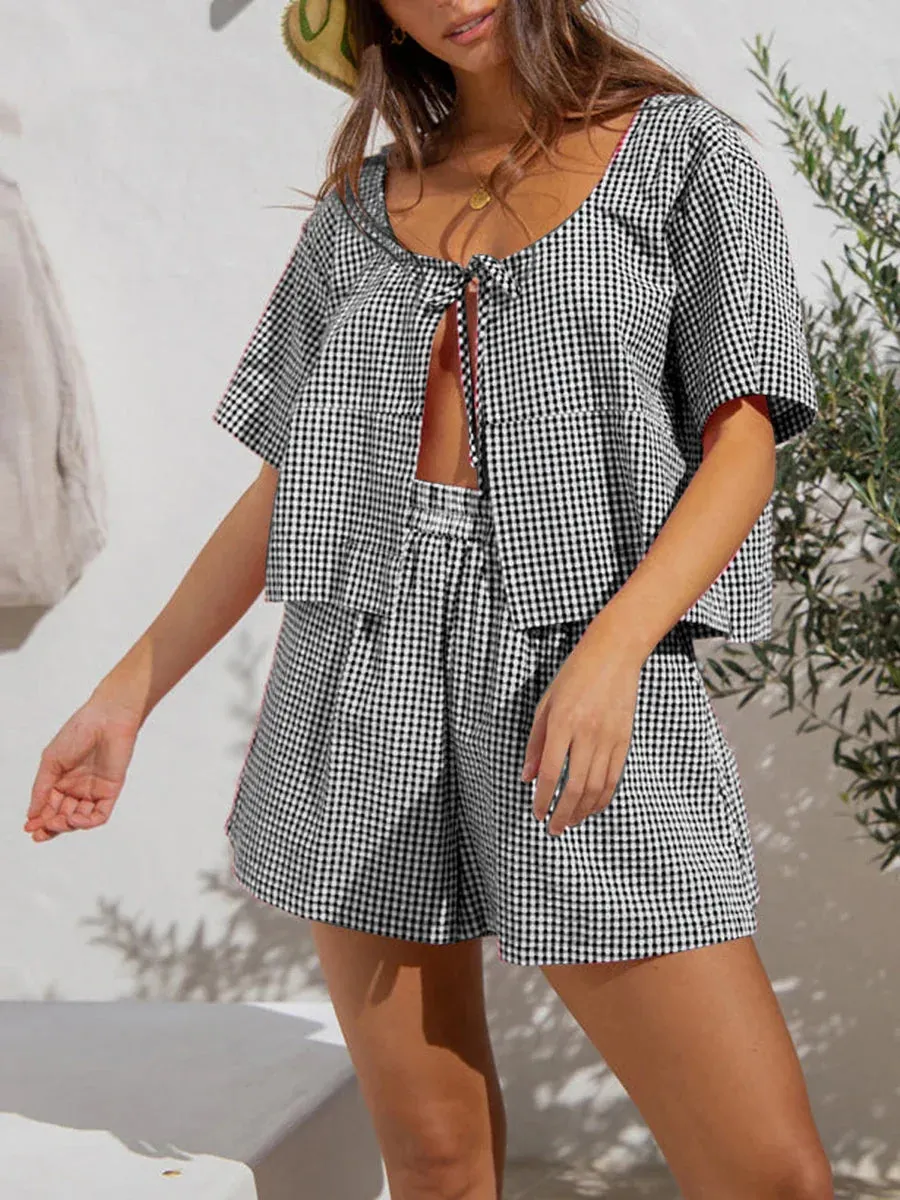 Bow Tie Front Short Sleeve Plaid Cutout Lace Up Ruffle Aesthetic Cute Pajamas