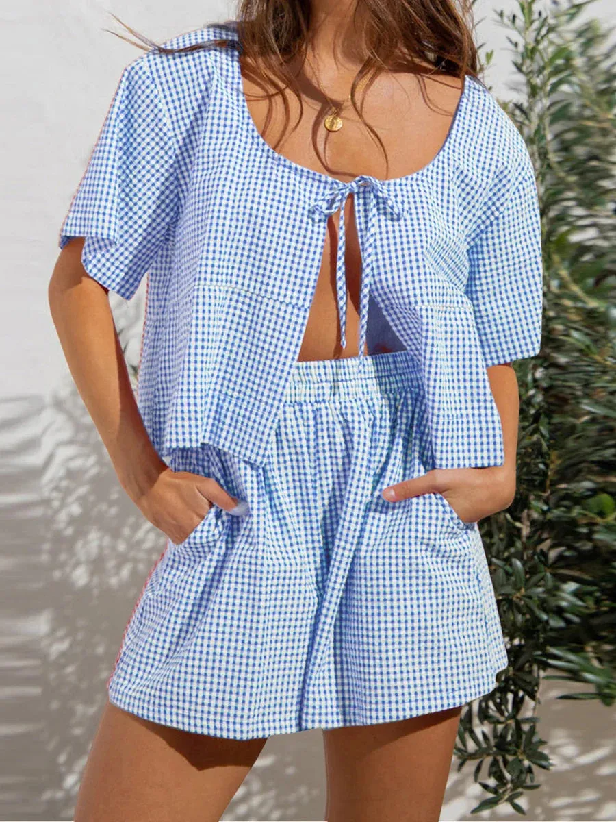 Bow Tie Front Short Sleeve Plaid Cutout Lace Up Ruffle Aesthetic Cute Pajamas