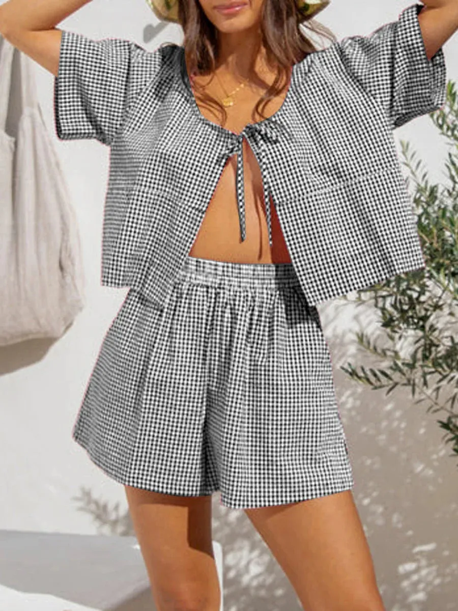 Bow Tie Front Short Sleeve Plaid Cutout Lace Up Ruffle Aesthetic Cute Pajamas