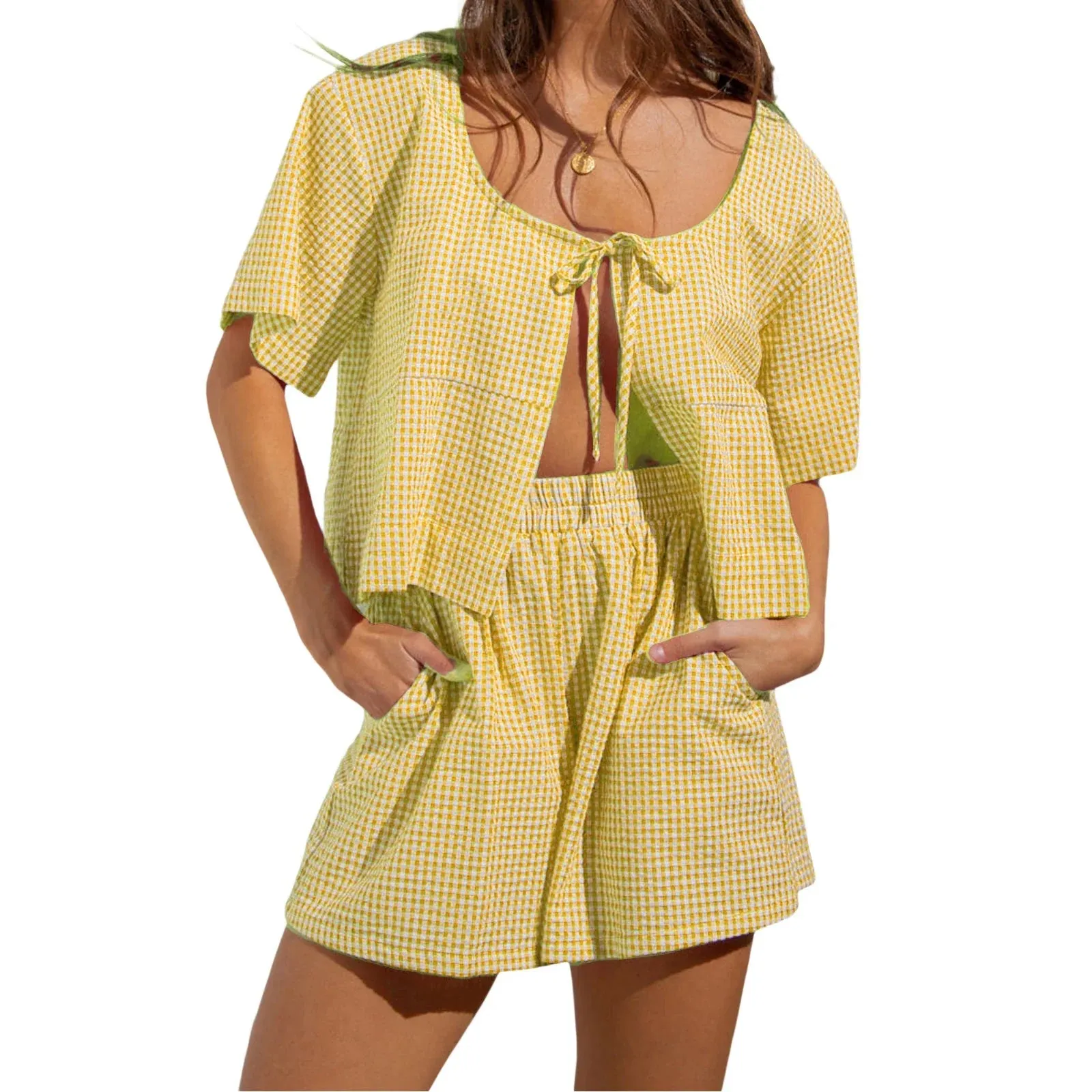 Bow Tie Front Short Sleeve Plaid Cutout Lace Up Ruffle Aesthetic Cute Pajamas