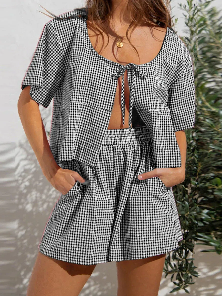 Bow Tie Front Short Sleeve Plaid Cutout Lace Up Ruffle Aesthetic Cute Pajamas