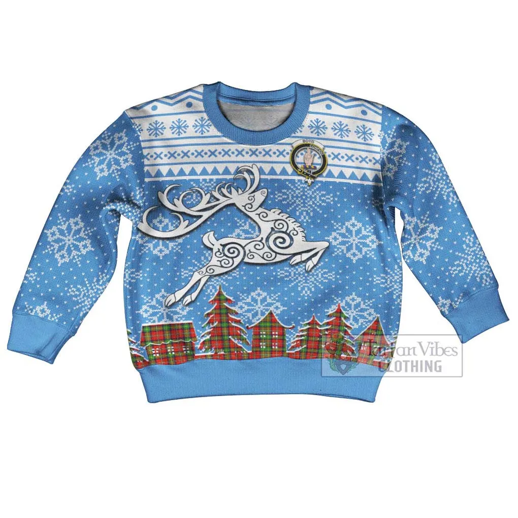 Boyd Clan Christmas Kid Ugly Sweater with Tartan and Celtic Reindeer Style