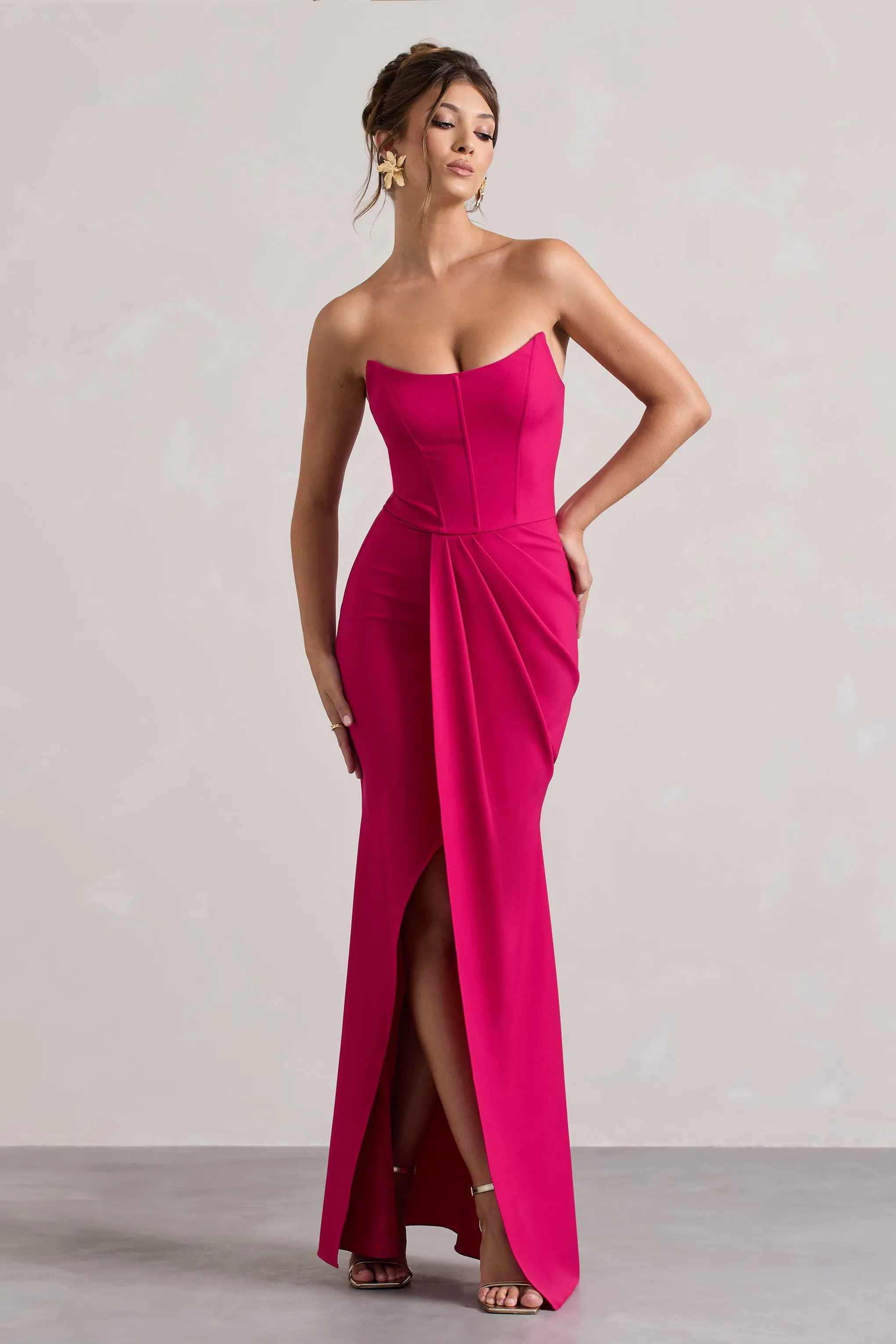 Brigitte | Hot Pink Strapless Corset Wrap Maxi Dress