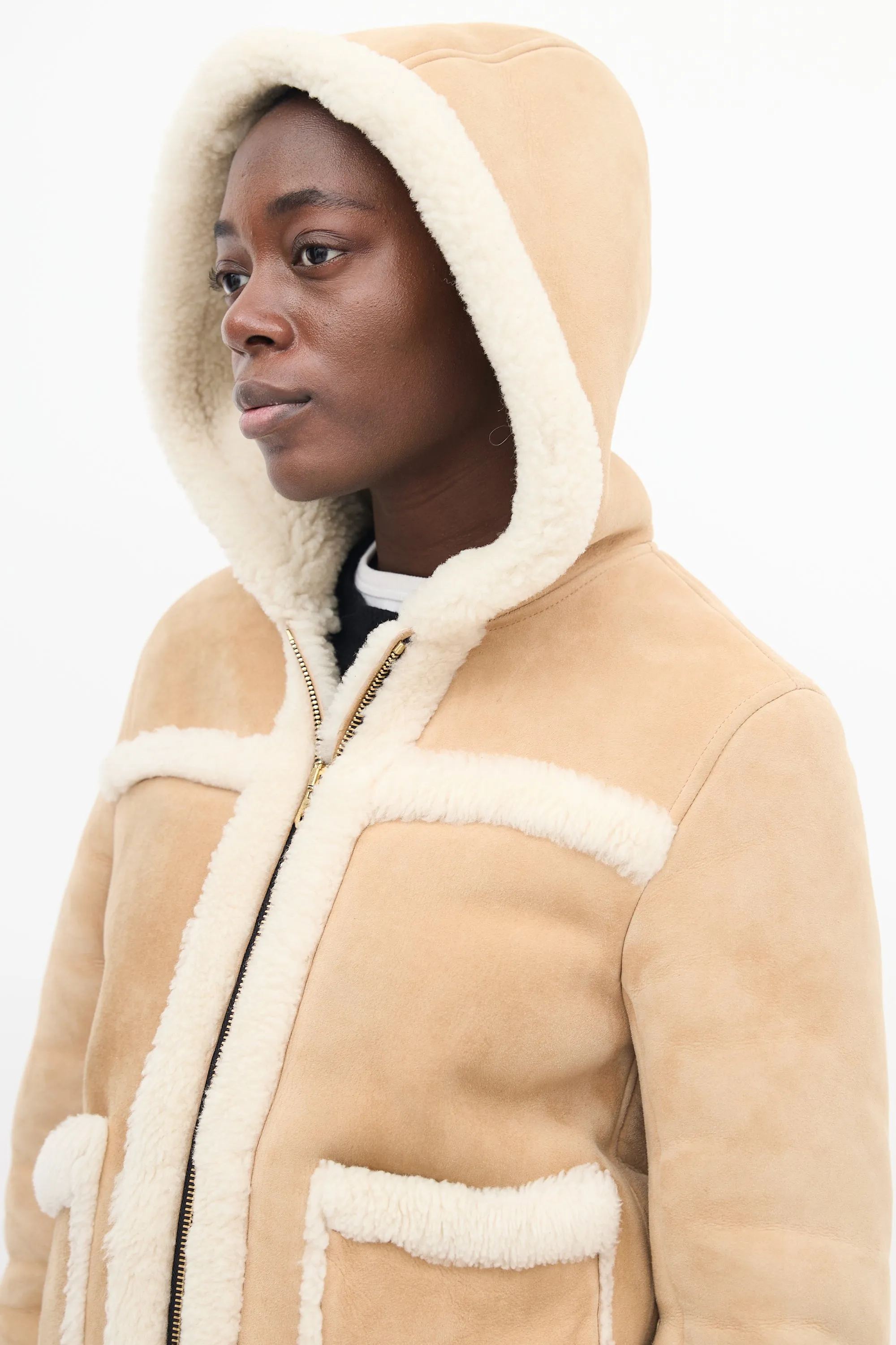 Brown & Beige Shearling Hooded Jacket