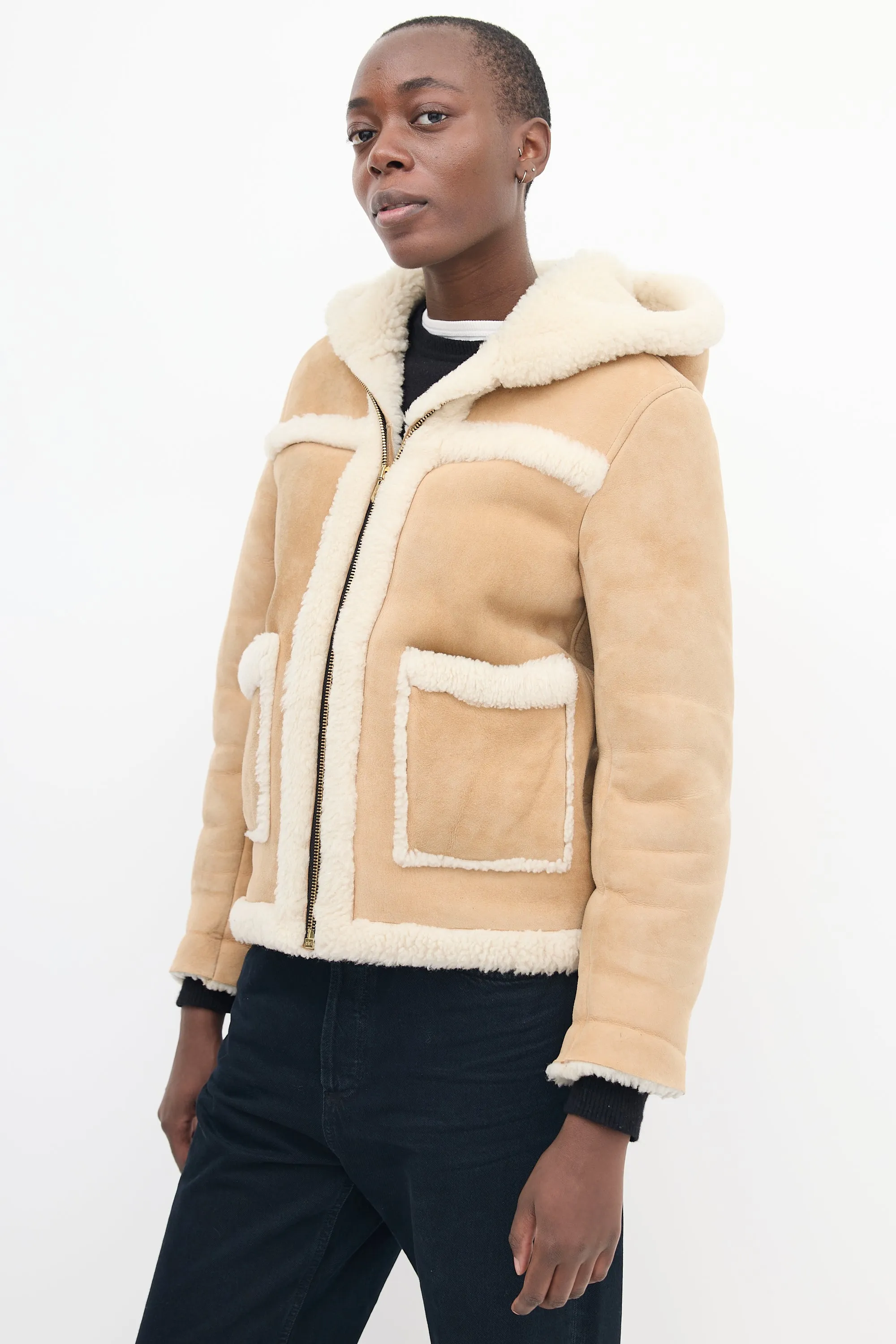 Brown & Beige Shearling Hooded Jacket