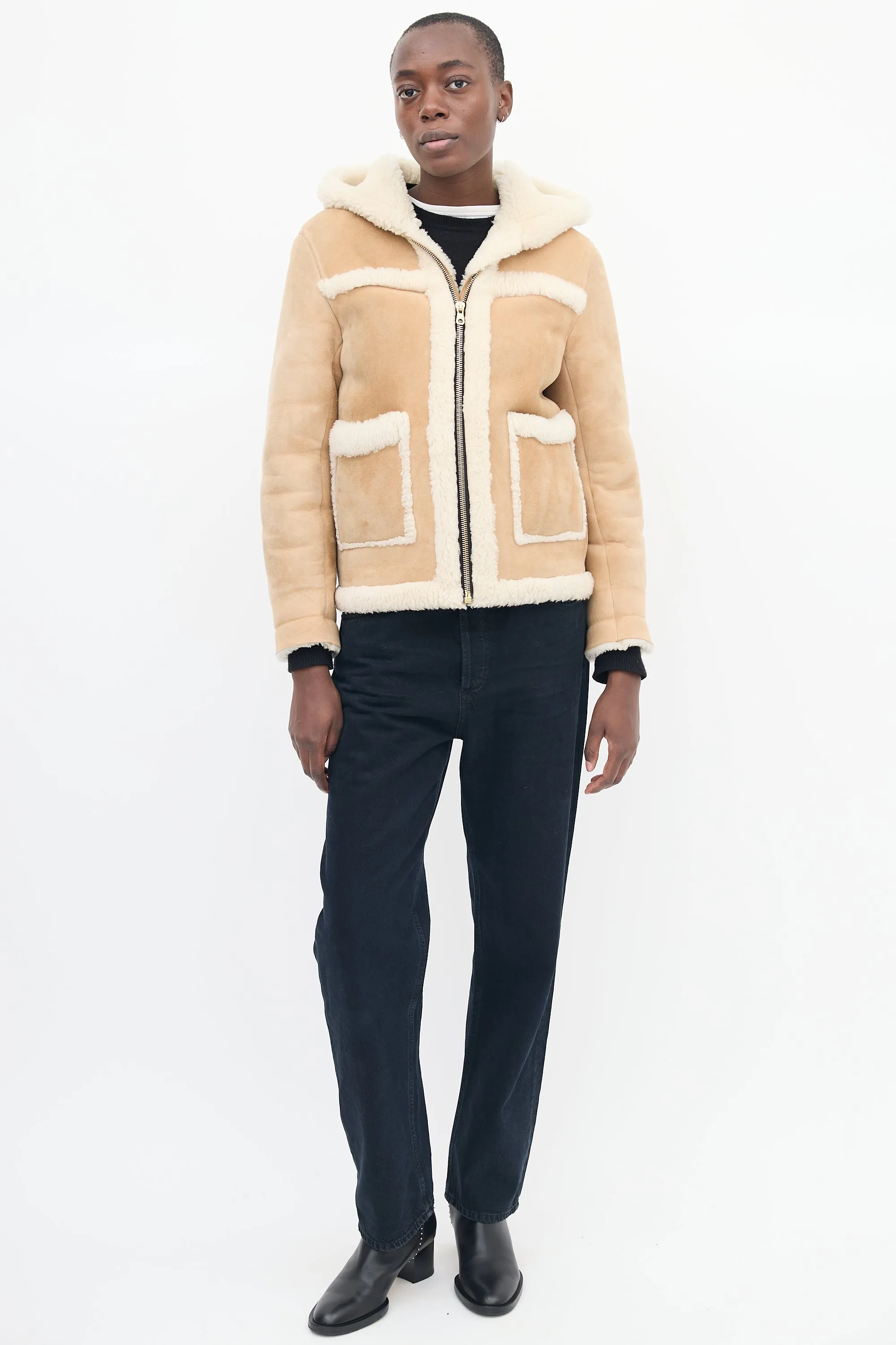 Brown & Beige Shearling Hooded Jacket