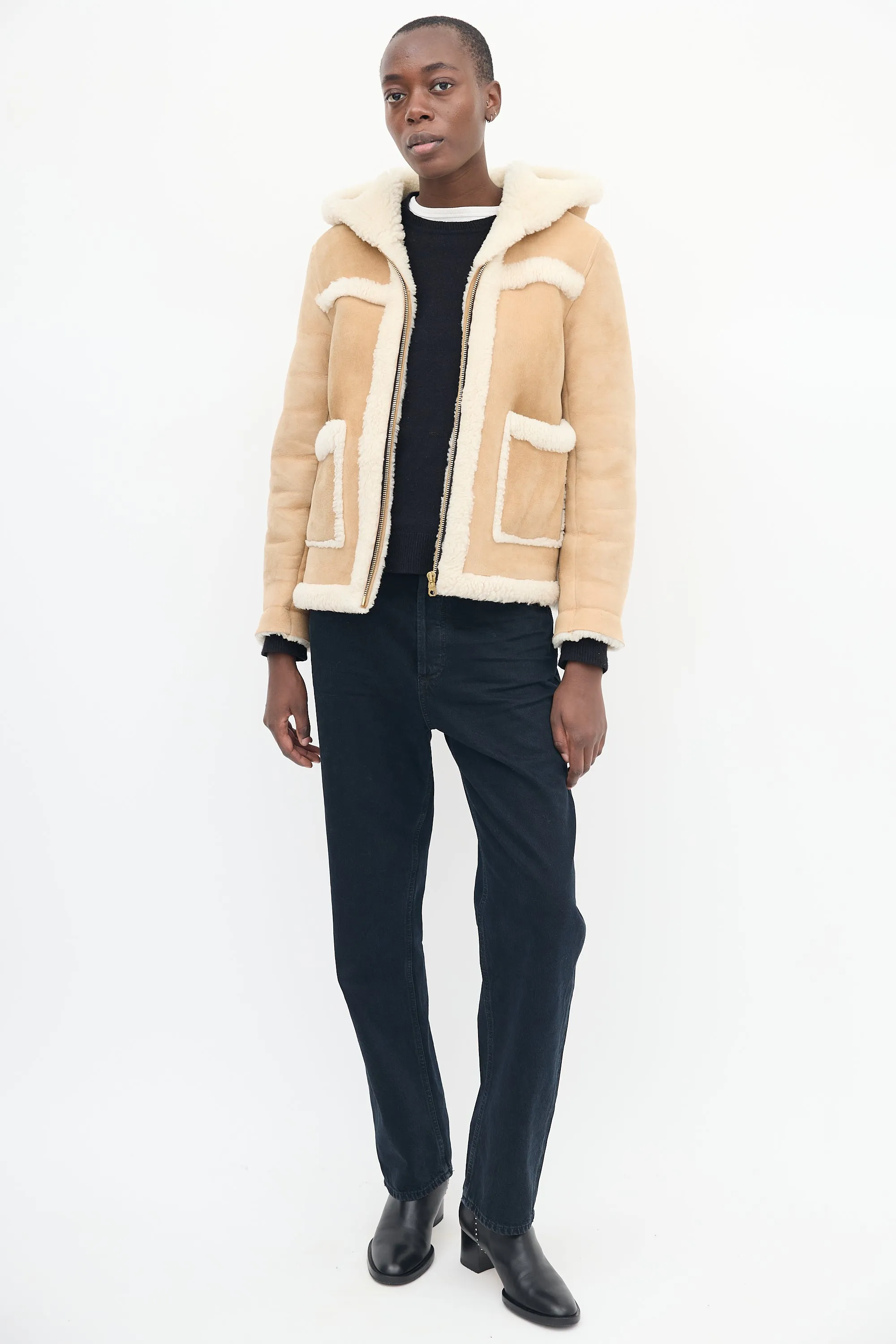 Brown & Beige Shearling Hooded Jacket