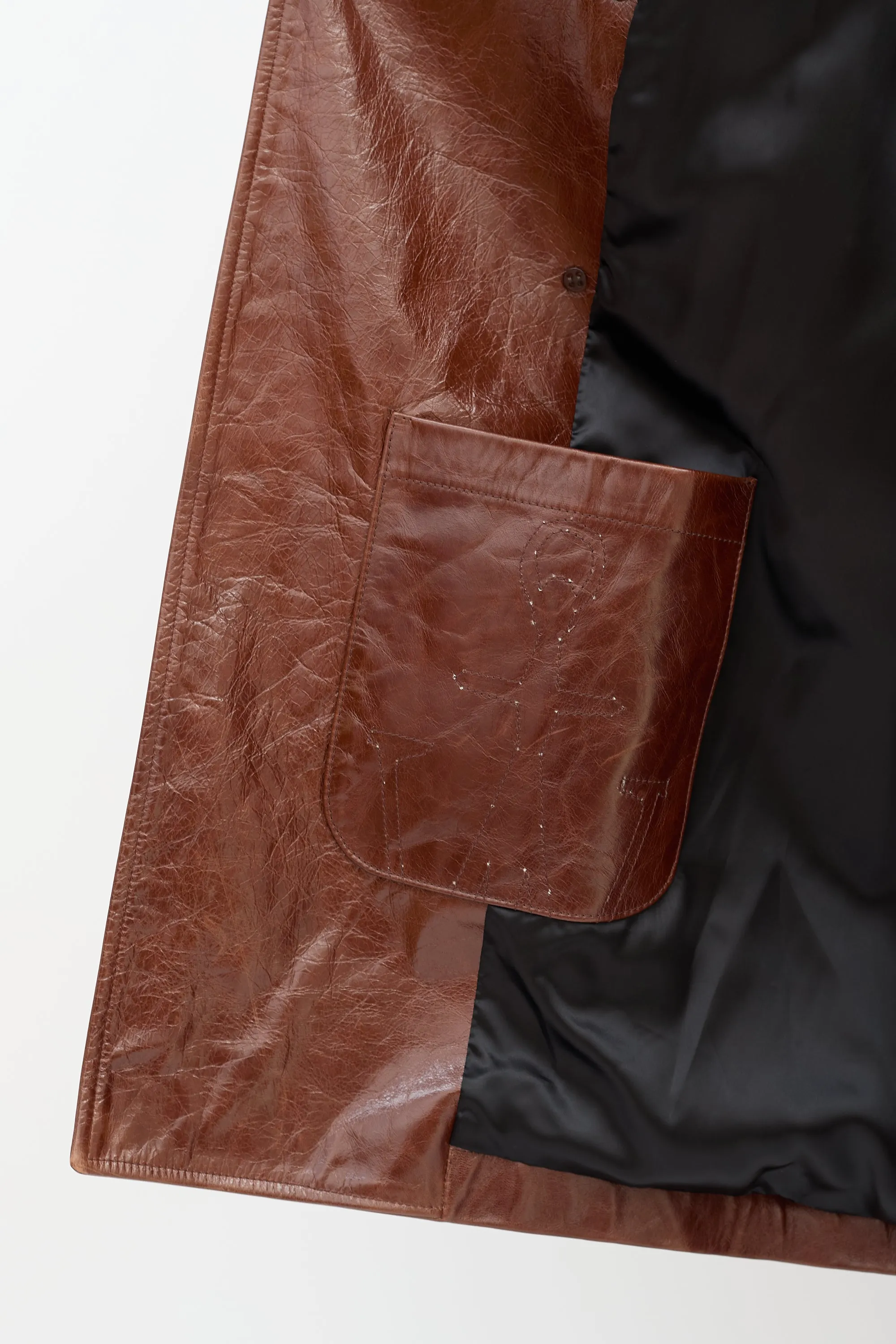 Brown Leather Hooded Trench Coat