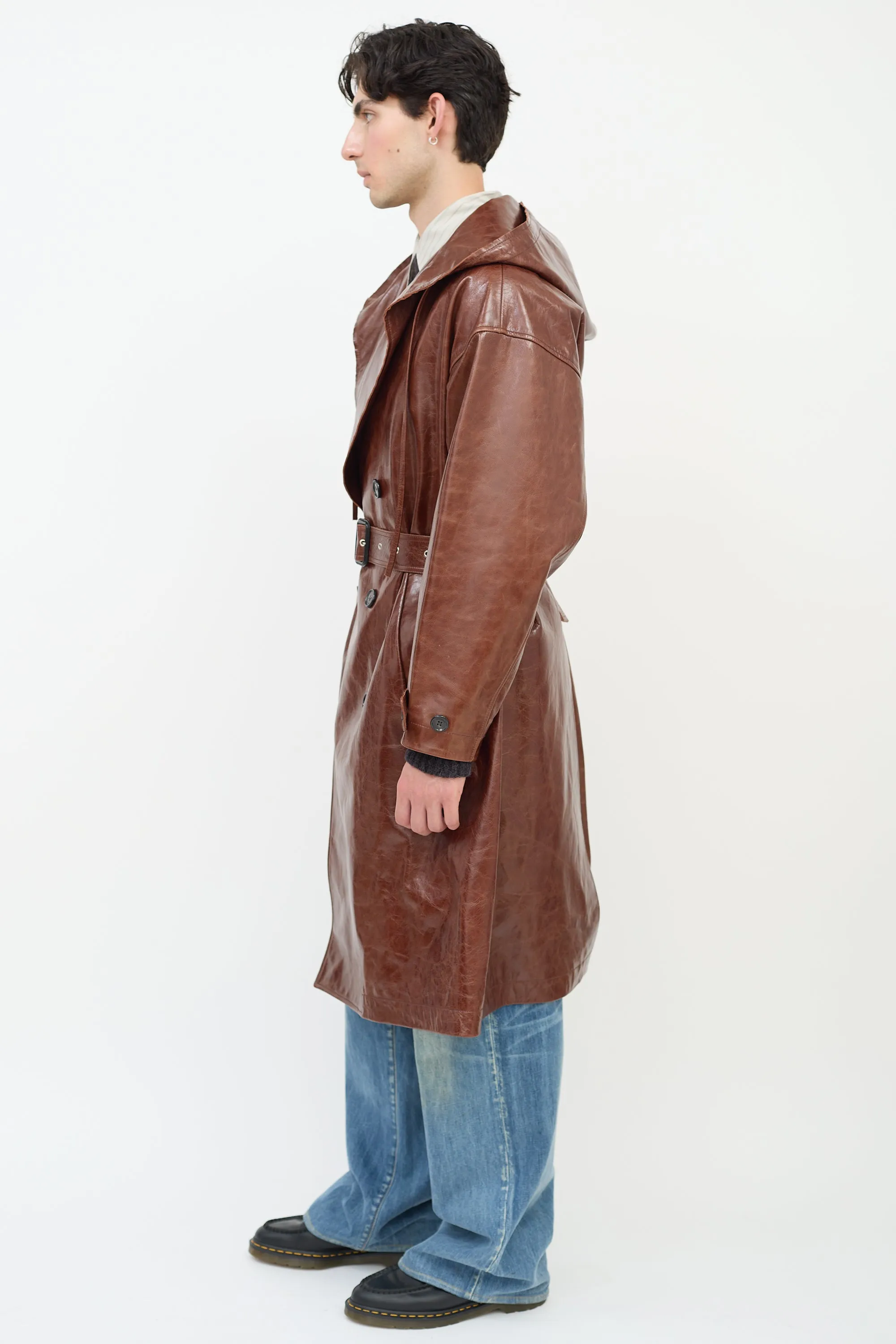 Brown Leather Hooded Trench Coat