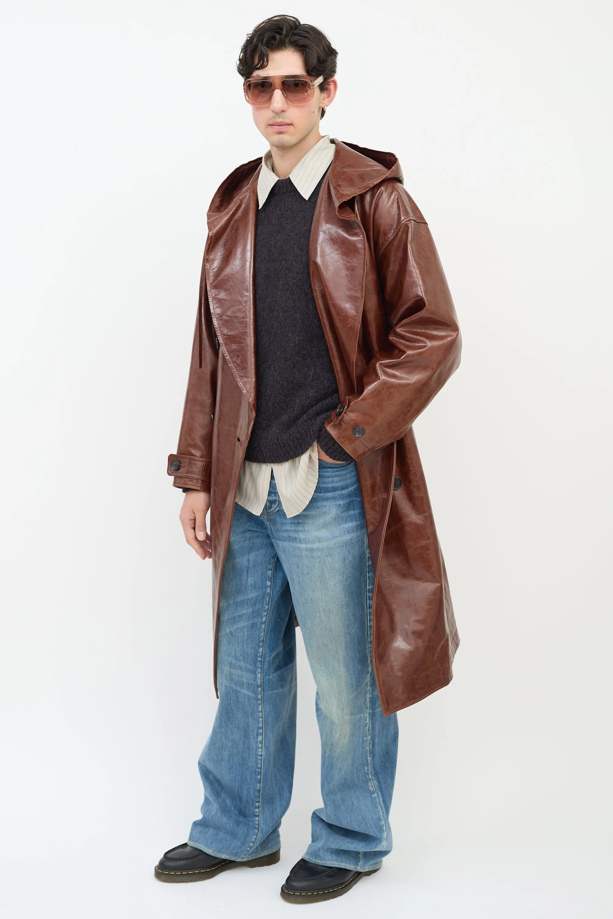 Brown Leather Hooded Trench Coat