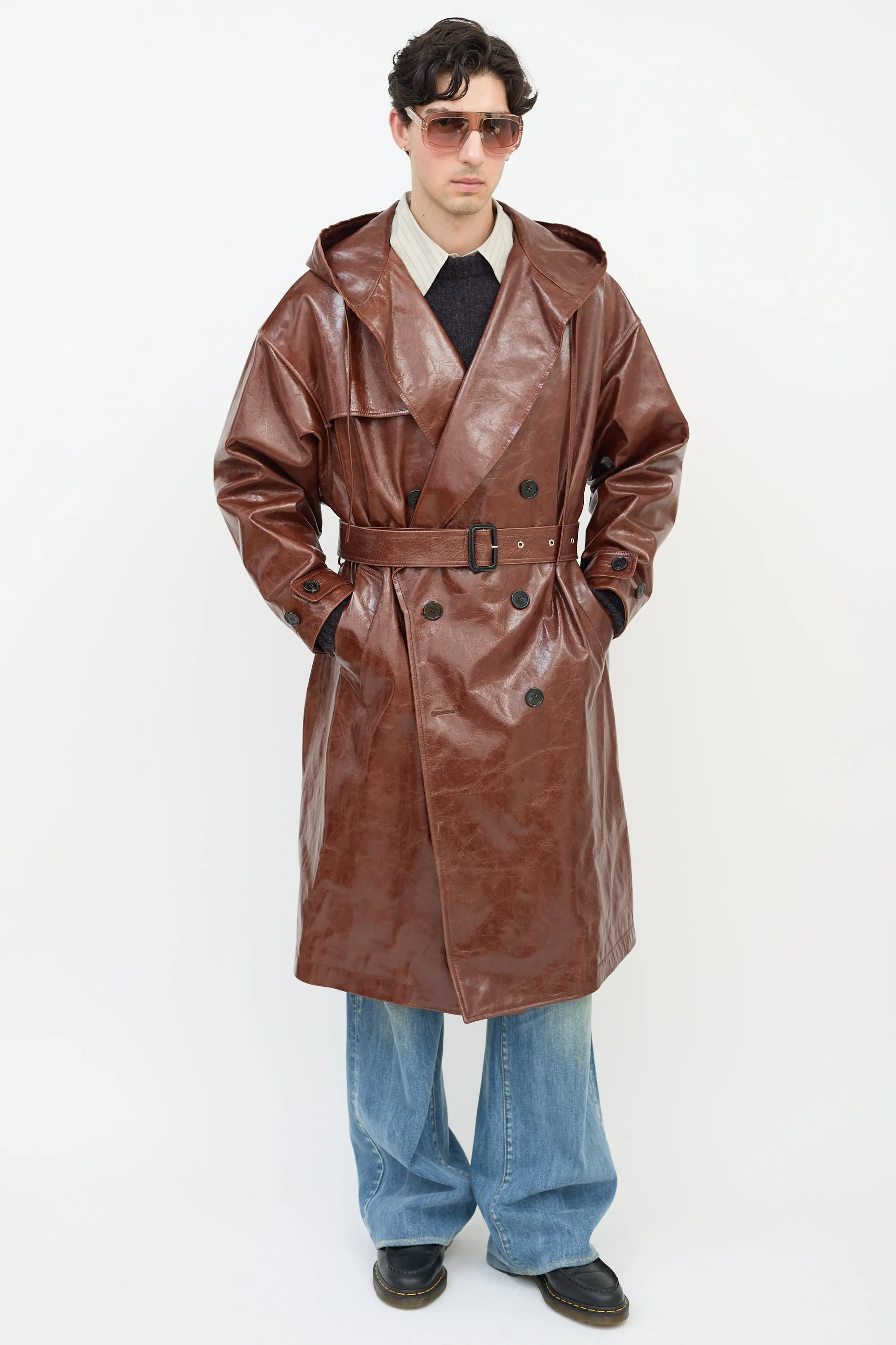 Brown Leather Hooded Trench Coat