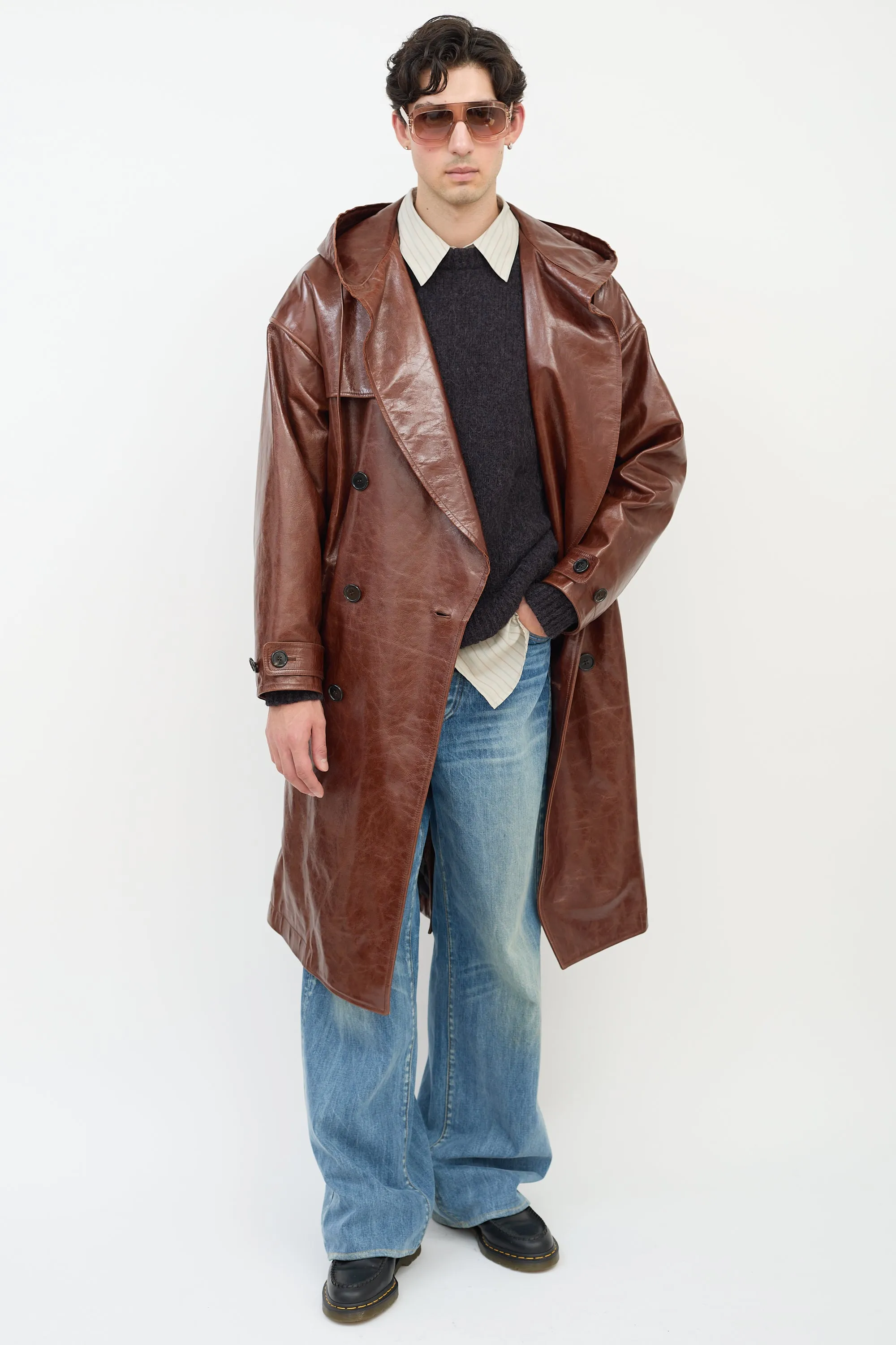 Brown Leather Hooded Trench Coat