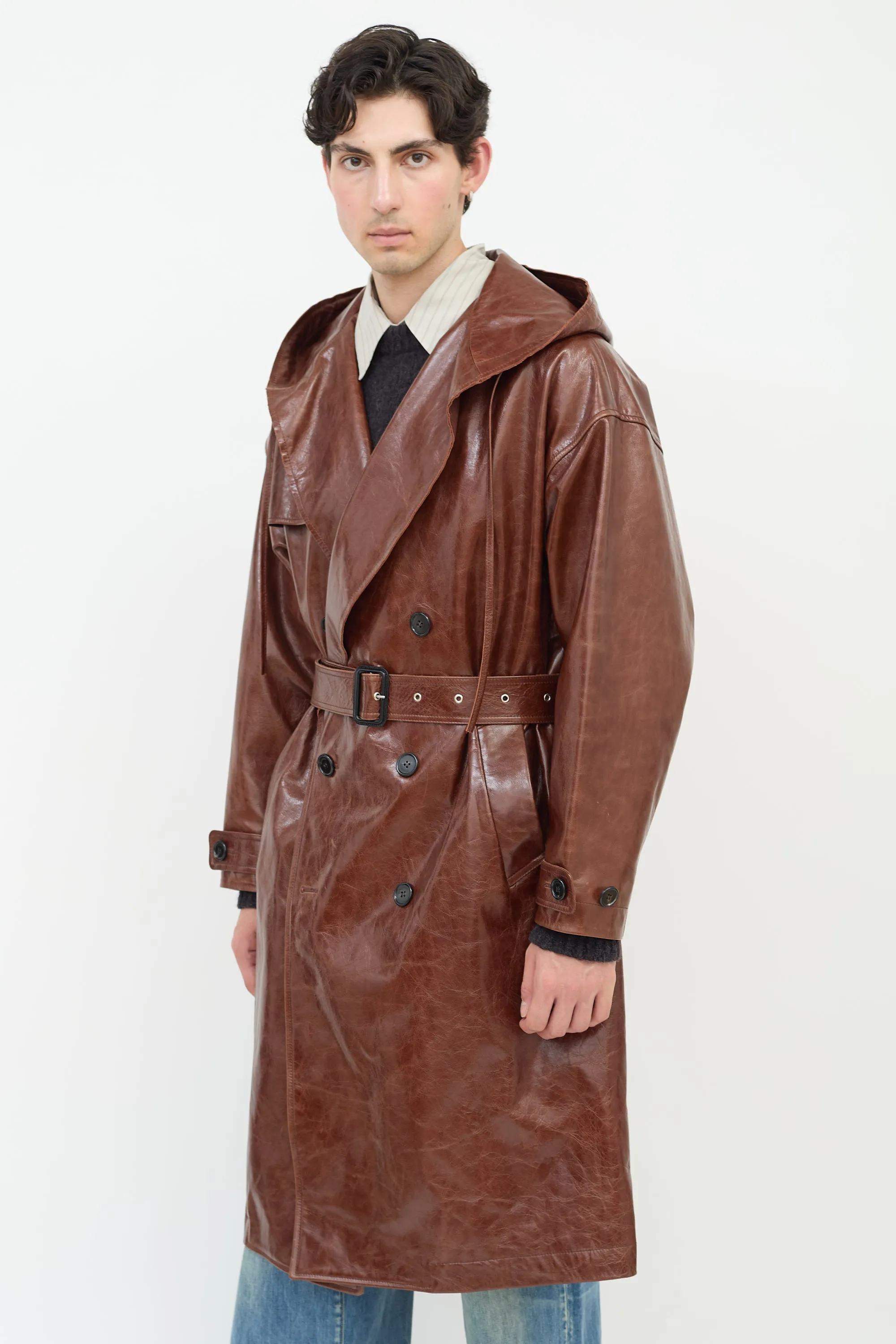 Brown Leather Hooded Trench Coat