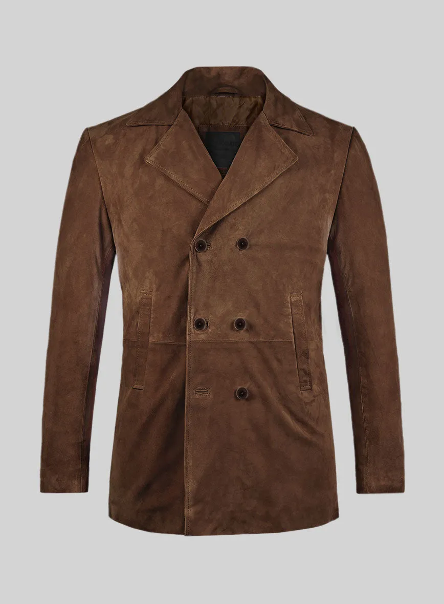 Brown Suede Leather Pea Coat