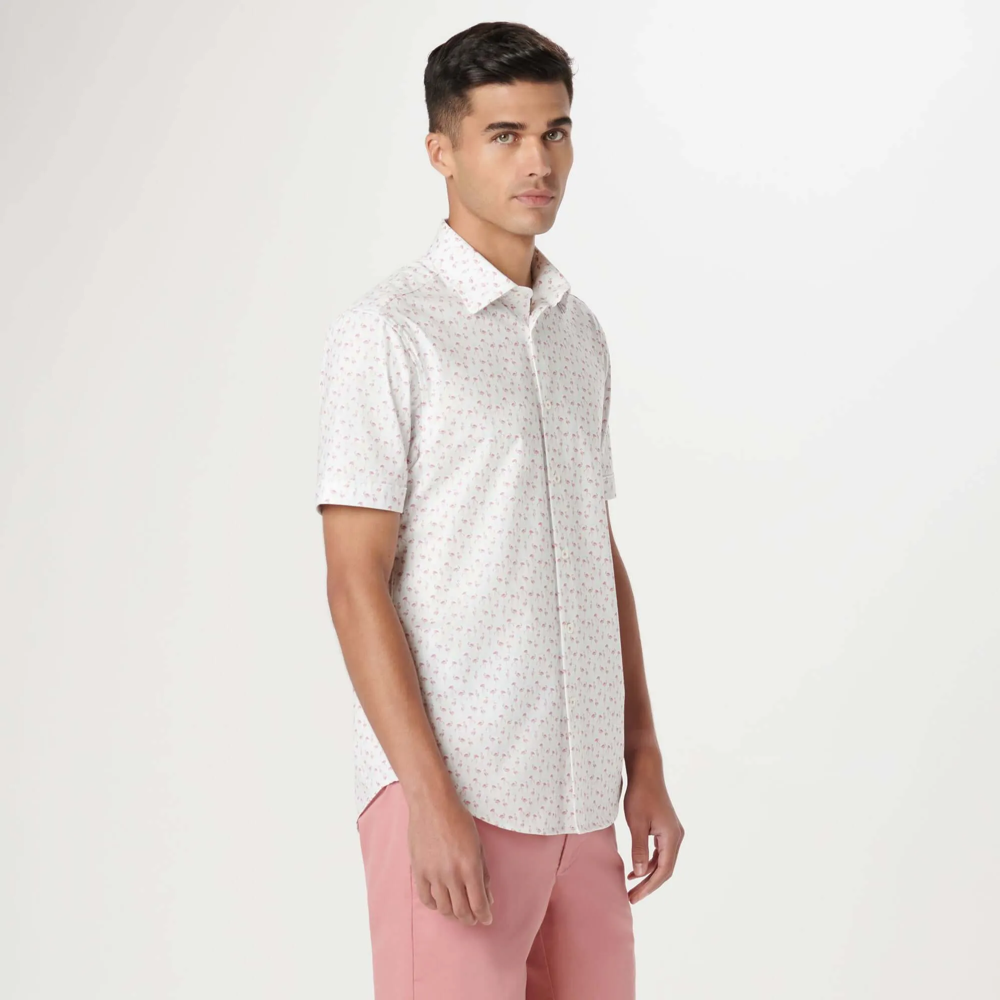 Bugatchi Ooohcotton Miles Flamingo Print Short Sleeve Sport Shirt - Chalk