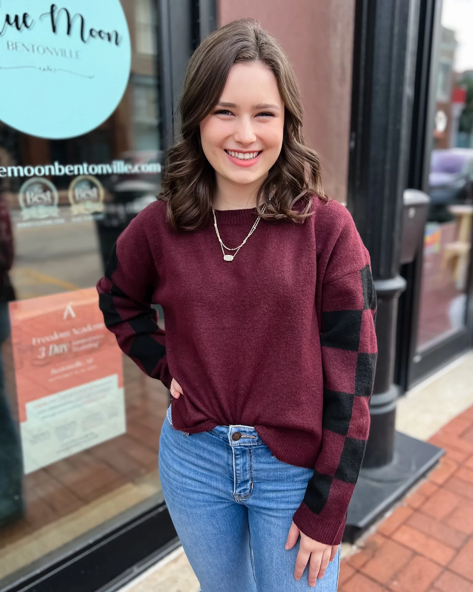 Burgundy Checkered Sleeve Crewneck Sweater