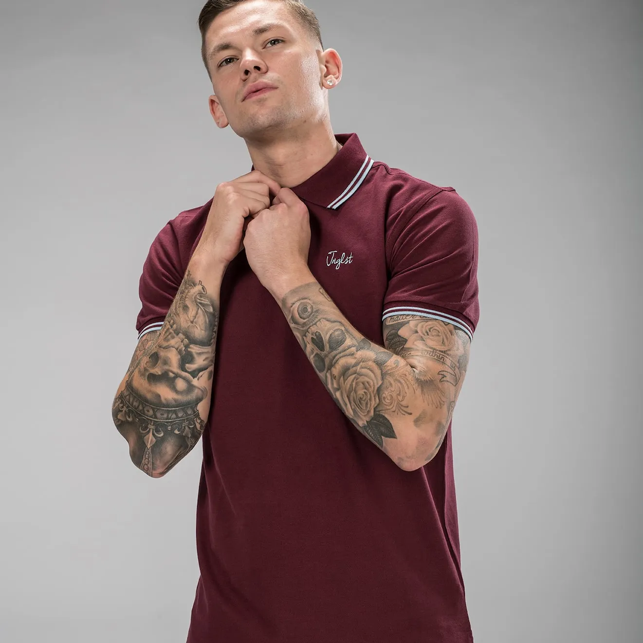 Burgundy Jnglst Polo Shirt with Sky Blue Detailing