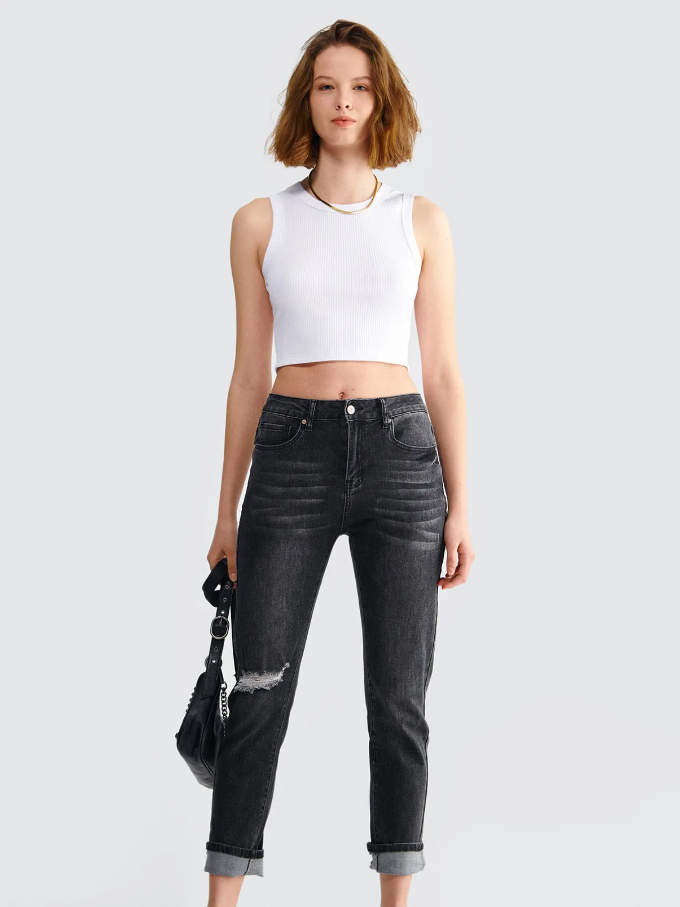 Button Ripped Pocket Slim Denim Jeans