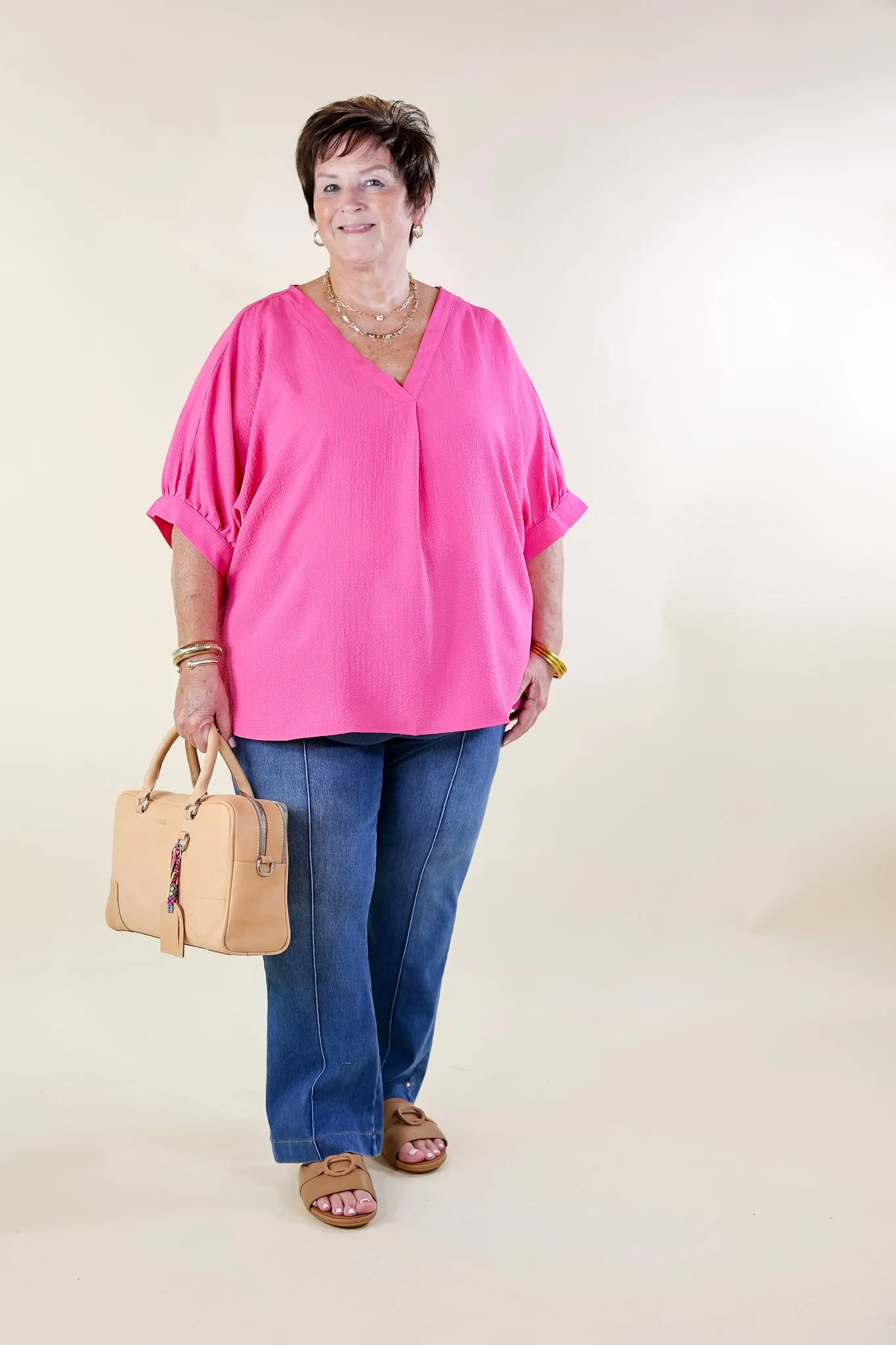 Chic and Charming V Neck Poncho Top with 3/4 Sleeves in Hot Pink