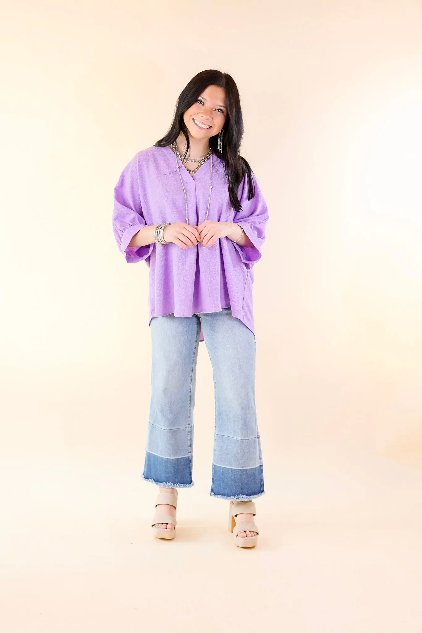 Chic and Charming V Neck Poncho Top with 3/4 Sleeves in Lavender Purple