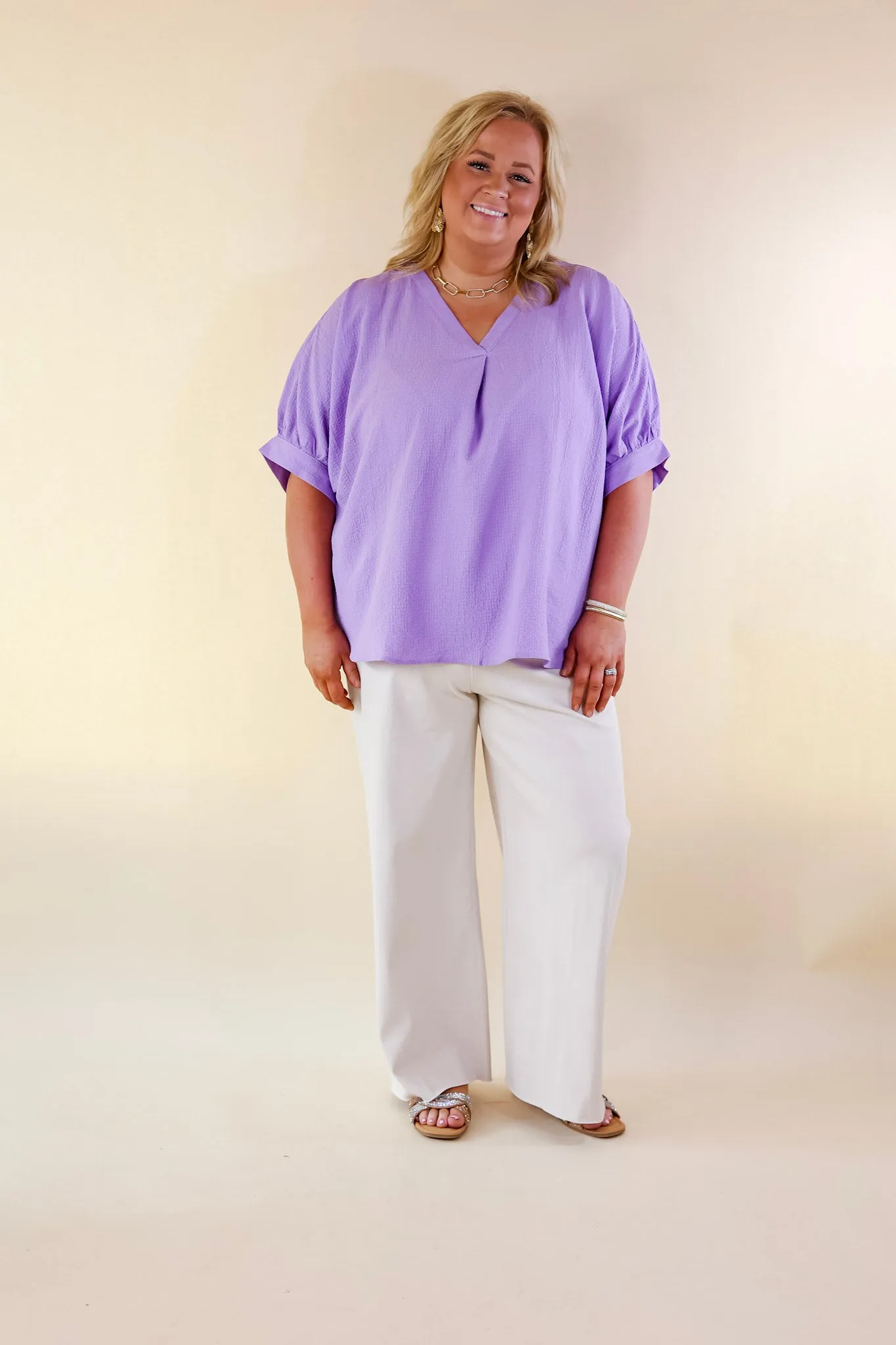 Chic and Charming V Neck Poncho Top with 3/4 Sleeves in Lavender Purple