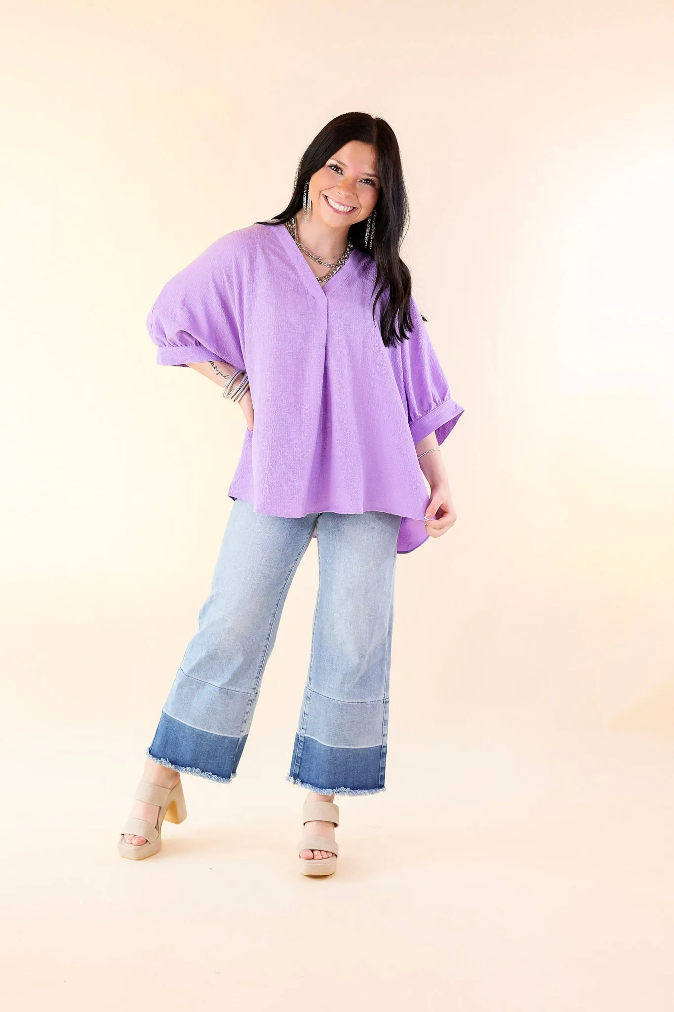 Chic and Charming V Neck Poncho Top with 3/4 Sleeves in Lavender Purple