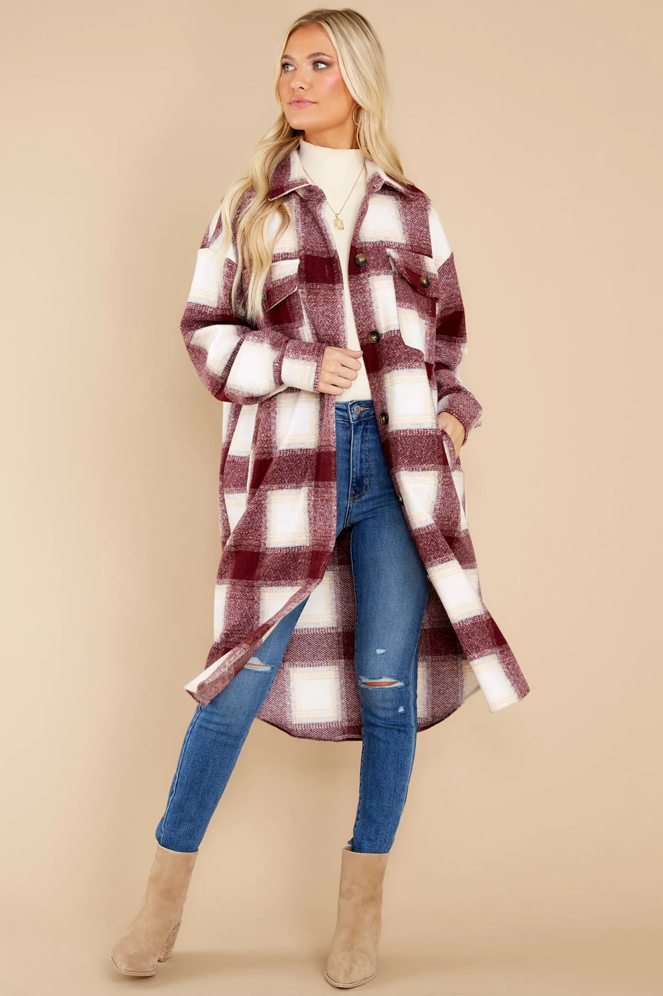 Chill Time Burgundy Plaid Coat