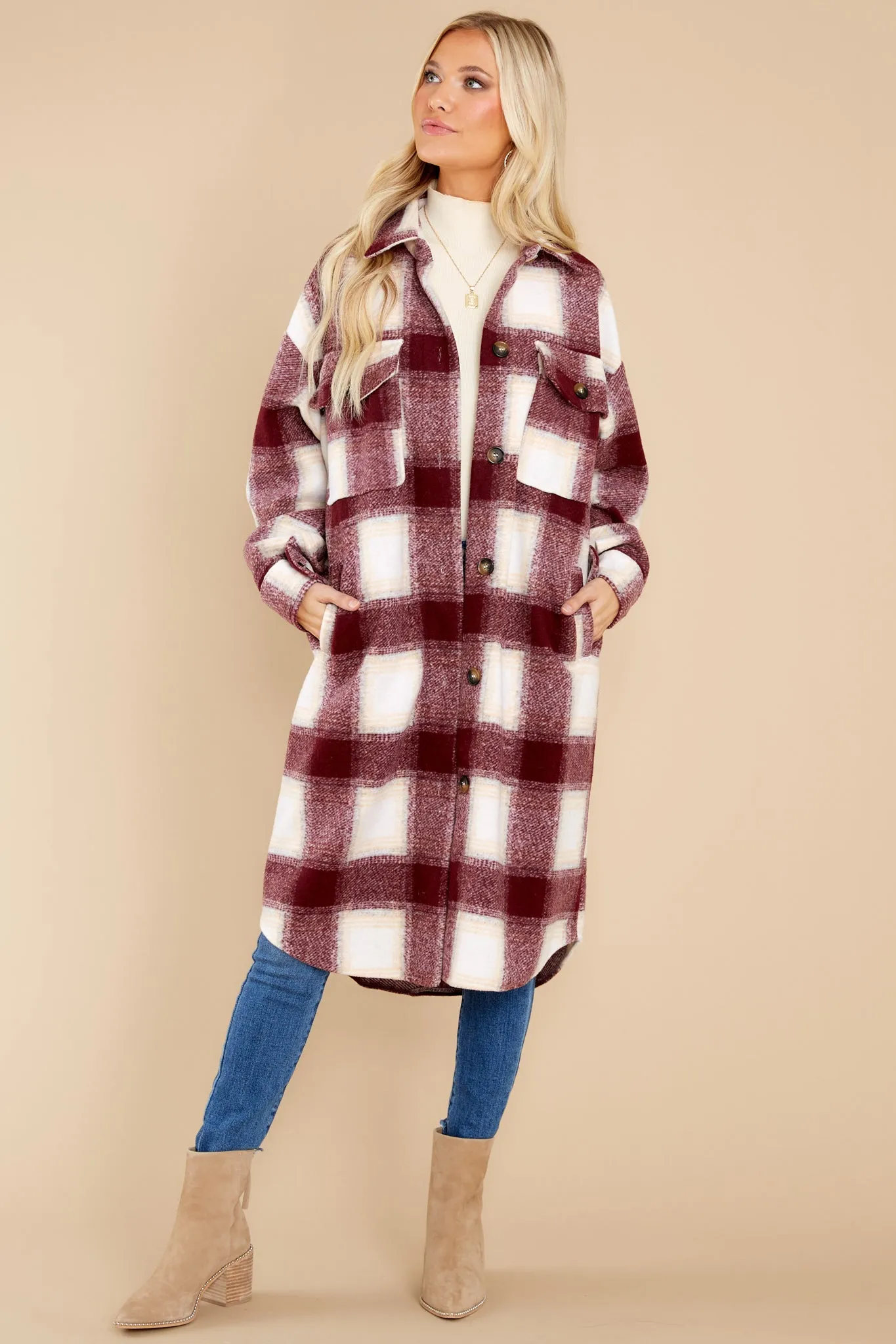 Chill Time Burgundy Plaid Coat