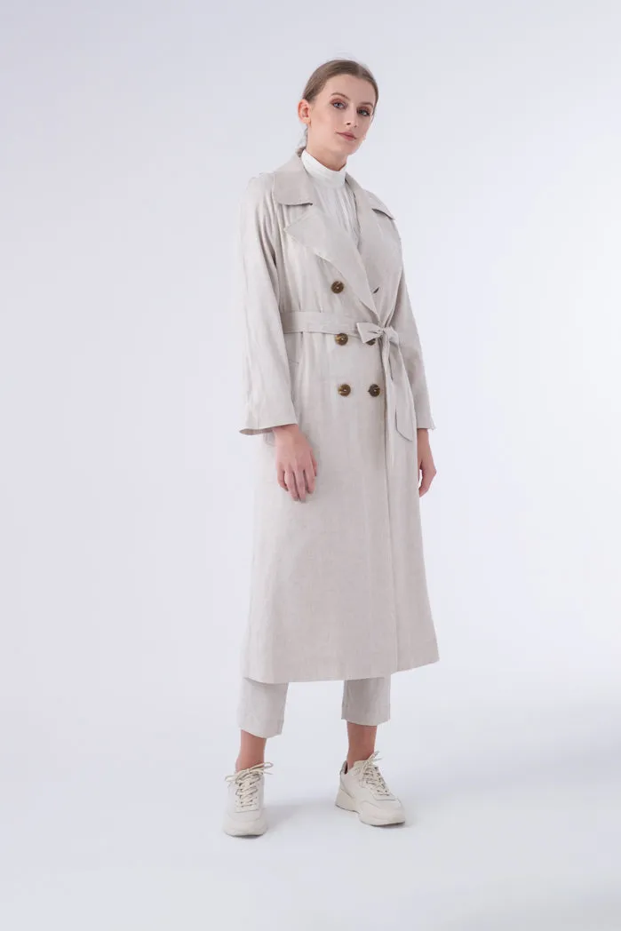 Choice Double Breasted 6-Button Notched Lapel Trench Coat Beige