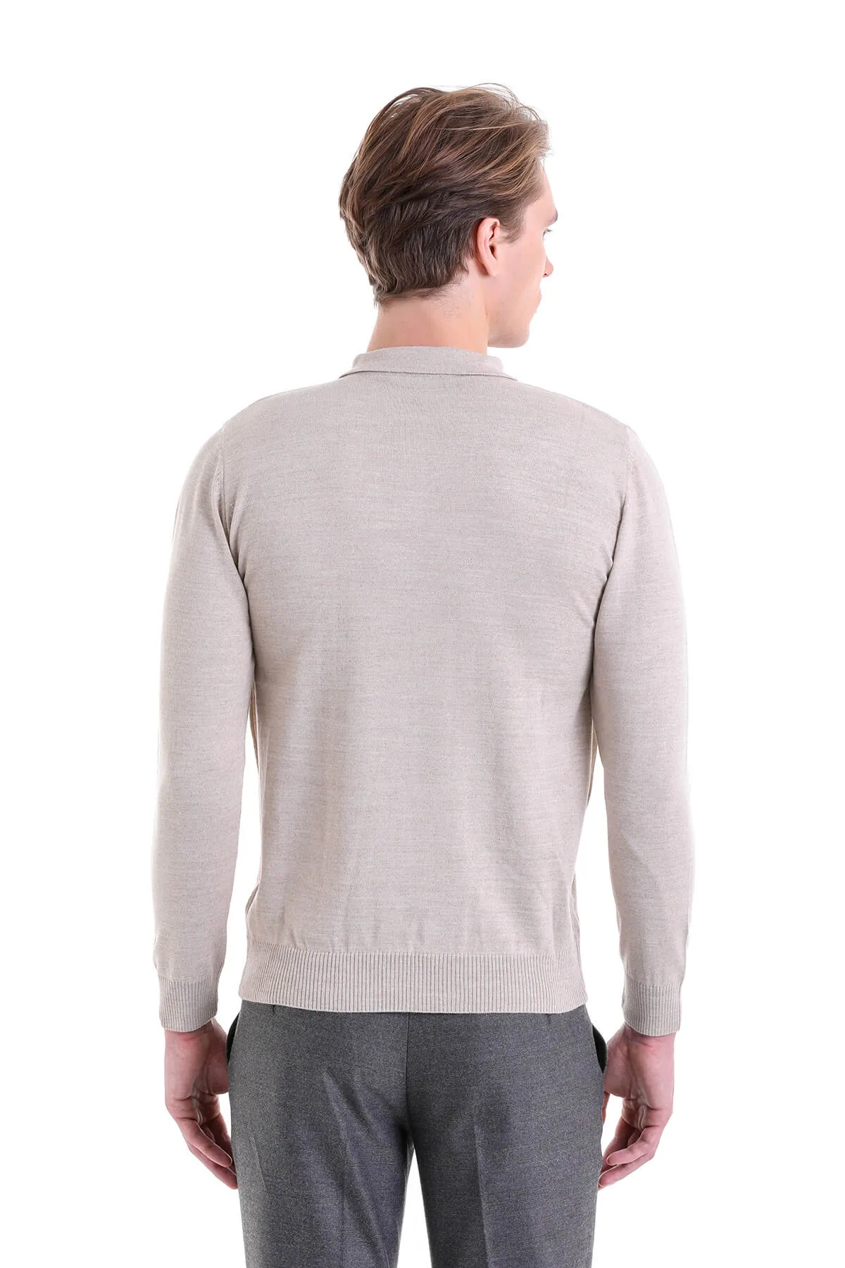 Comfort Fit Wool Blend Beige Polo Sweater