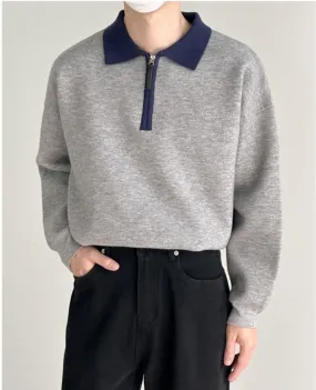 Contrast Color Zipper POLO Collar Sweater