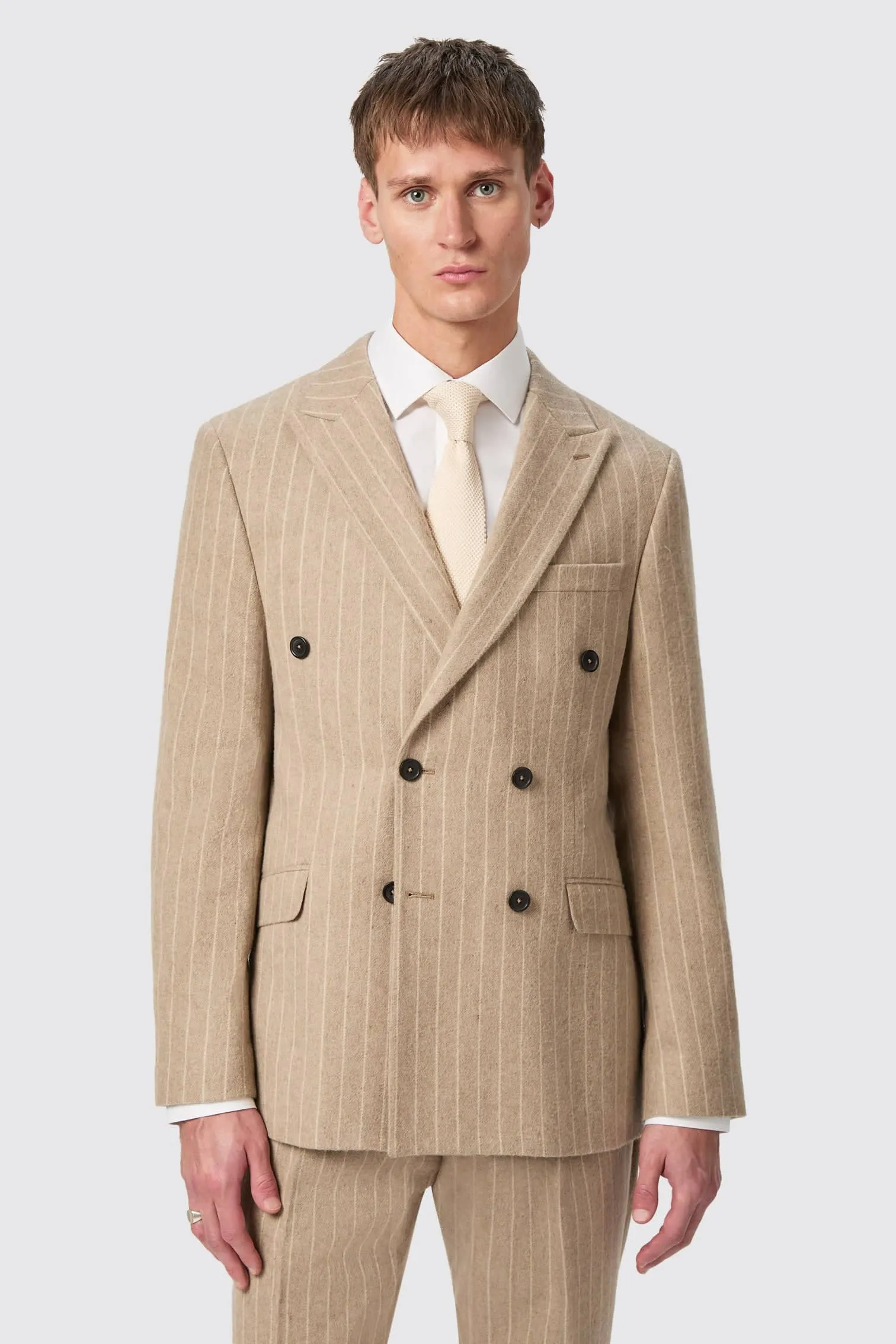 Cornwall Slim Fit Beige Pinstripe Double Breasted Jacket