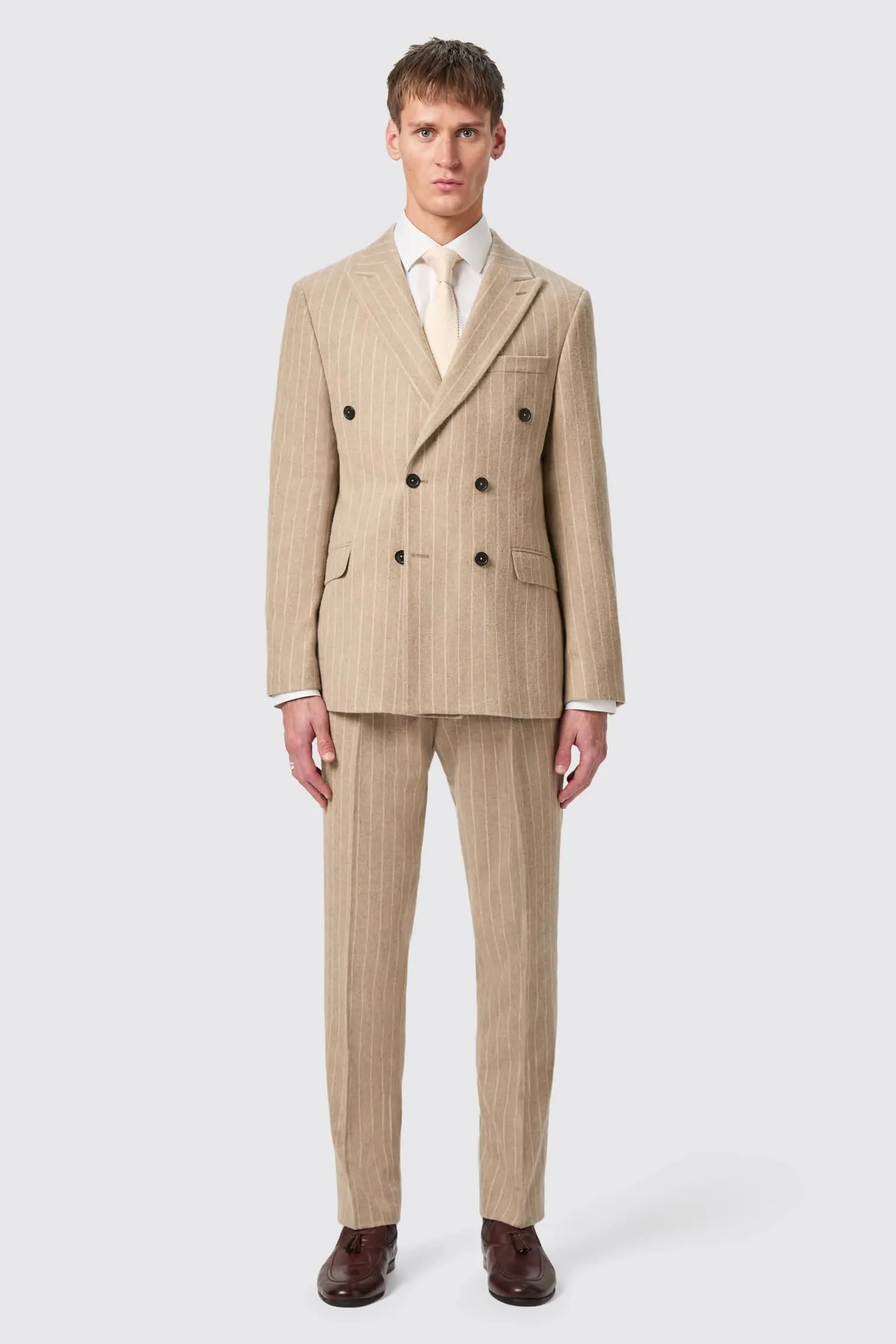 Cornwall Slim Fit Beige Pinstripe Double Breasted Jacket