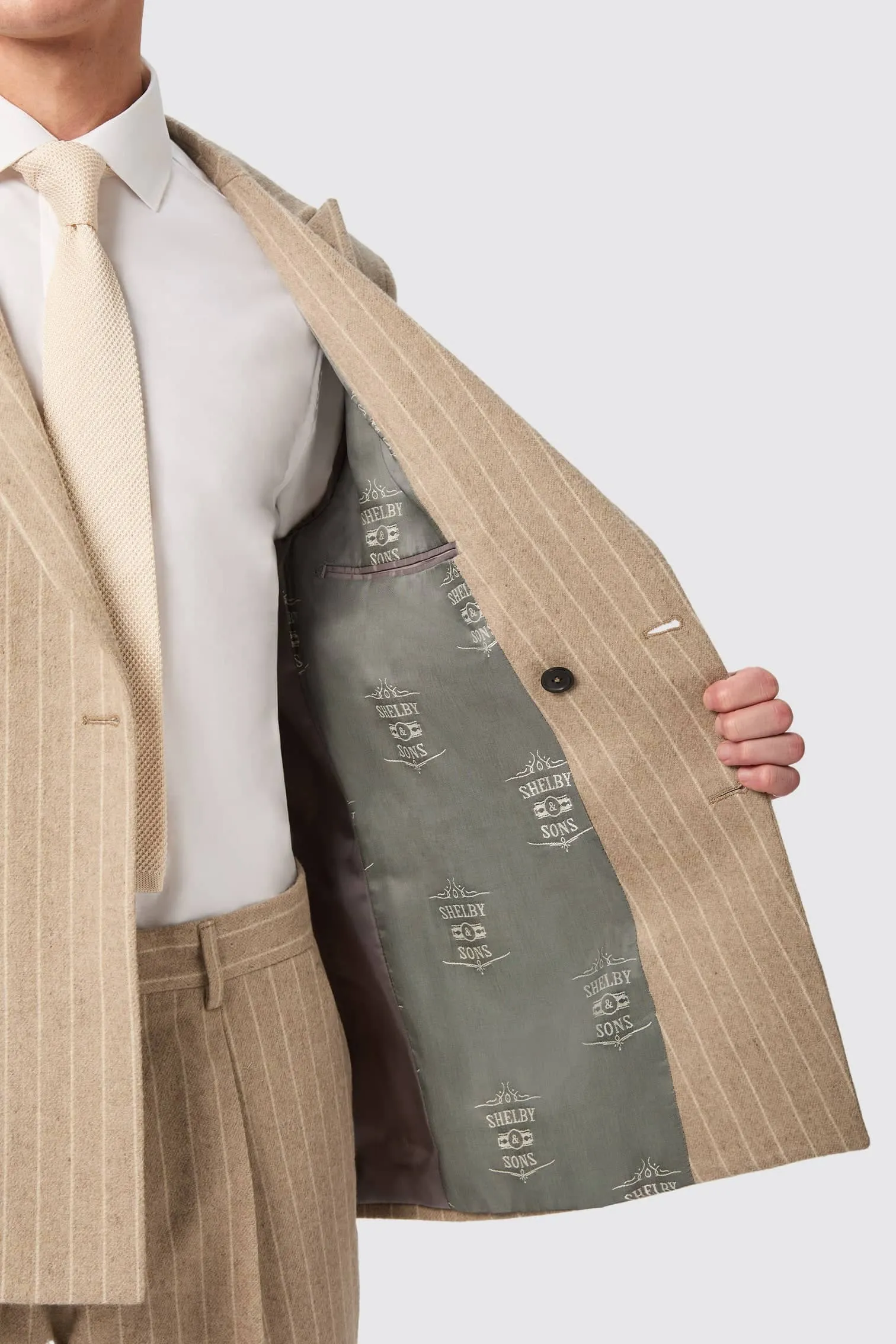 Cornwall Slim Fit Beige Pinstripe Double Breasted Jacket