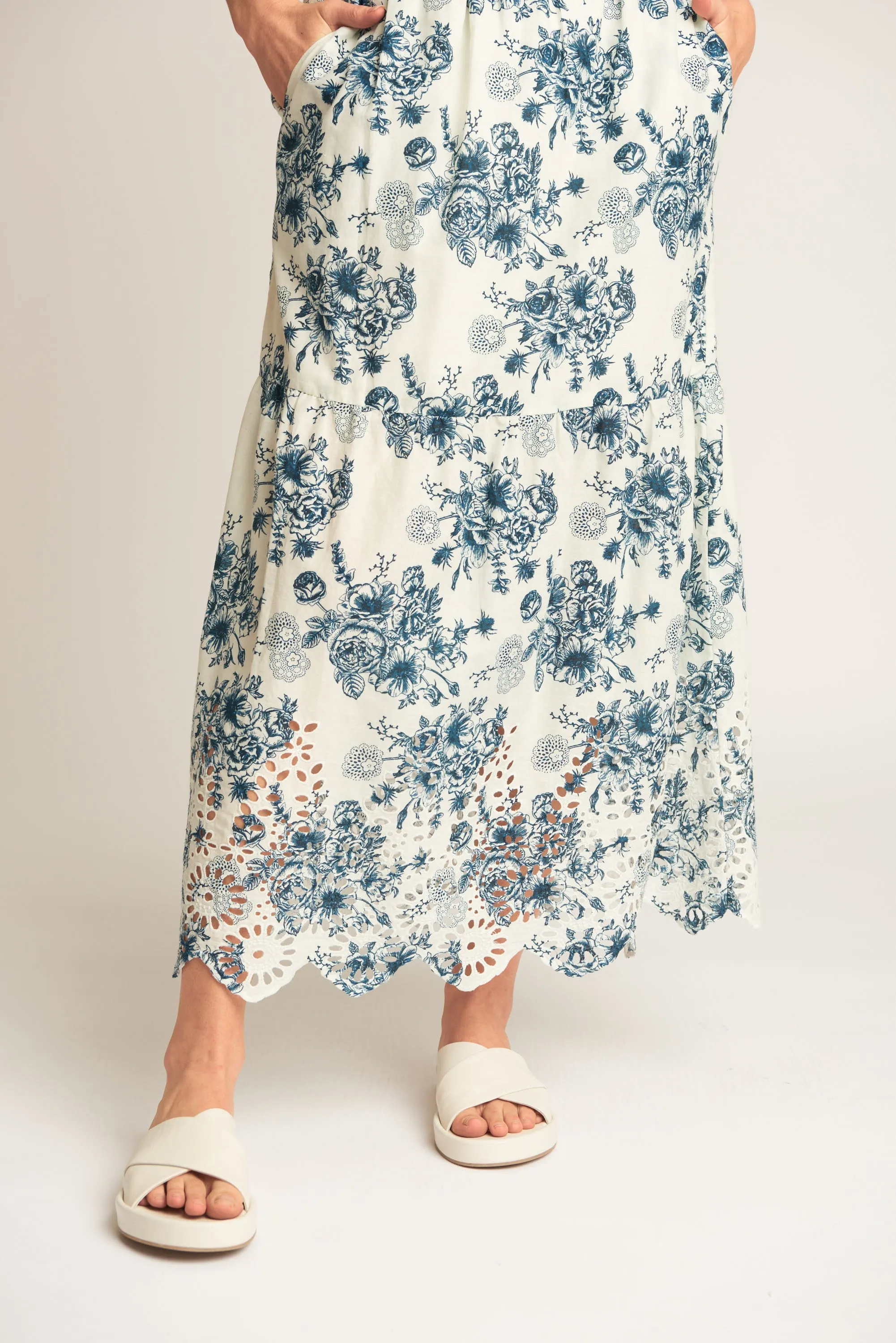 Cotton Floral Maxi Skirt with Embroidered Hem