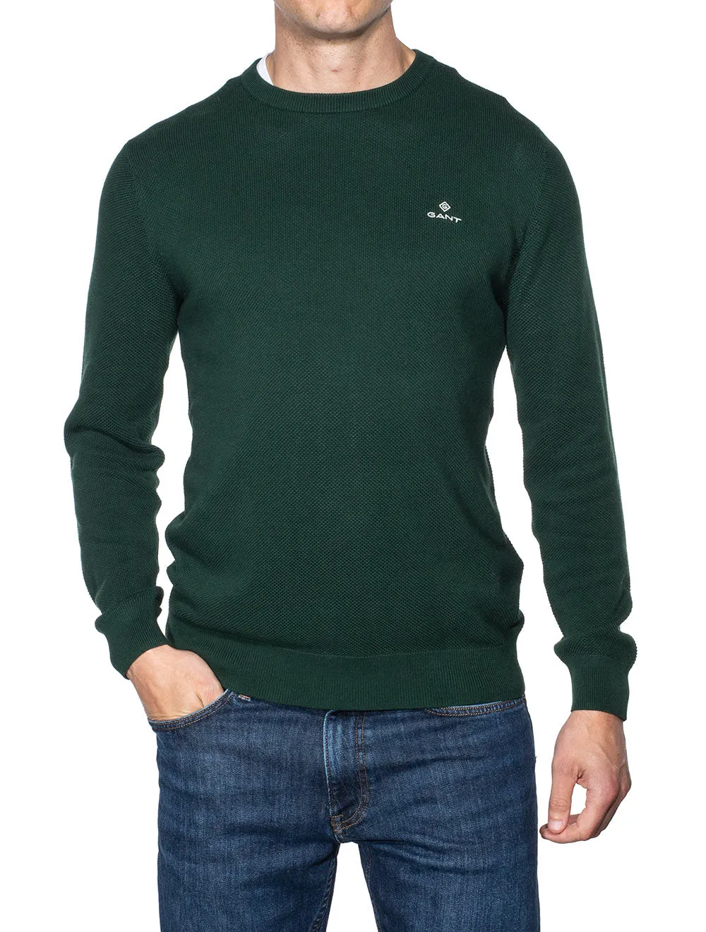 Cotton Piqué Crew Neck Sweater Tartan Green