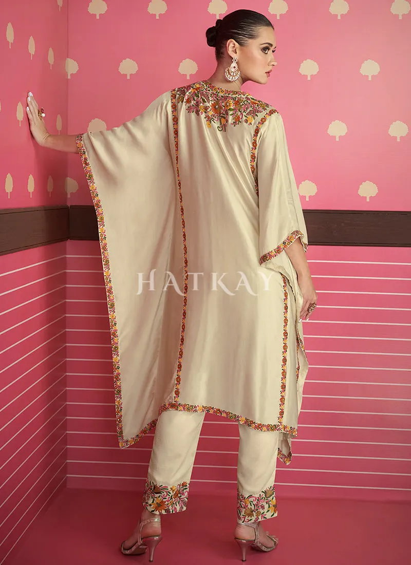 Cream Beige Multi Embroidery Poncho Style Pant Suit