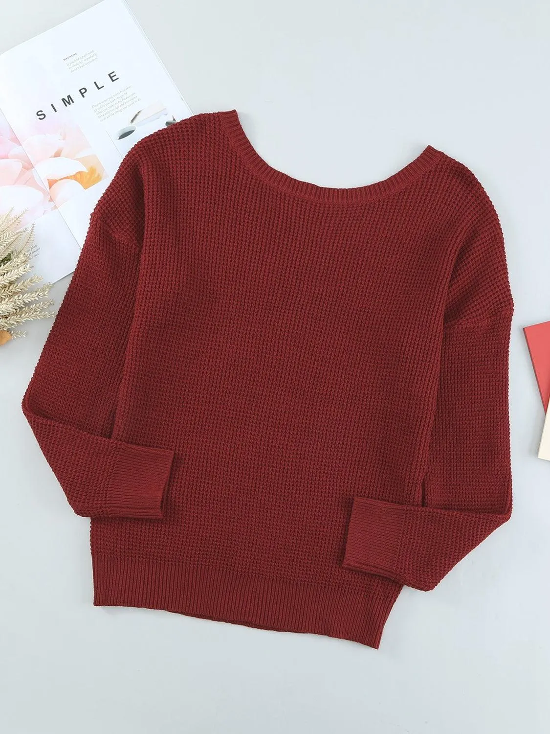 Crisscross Waffle-Knit Back Sweater