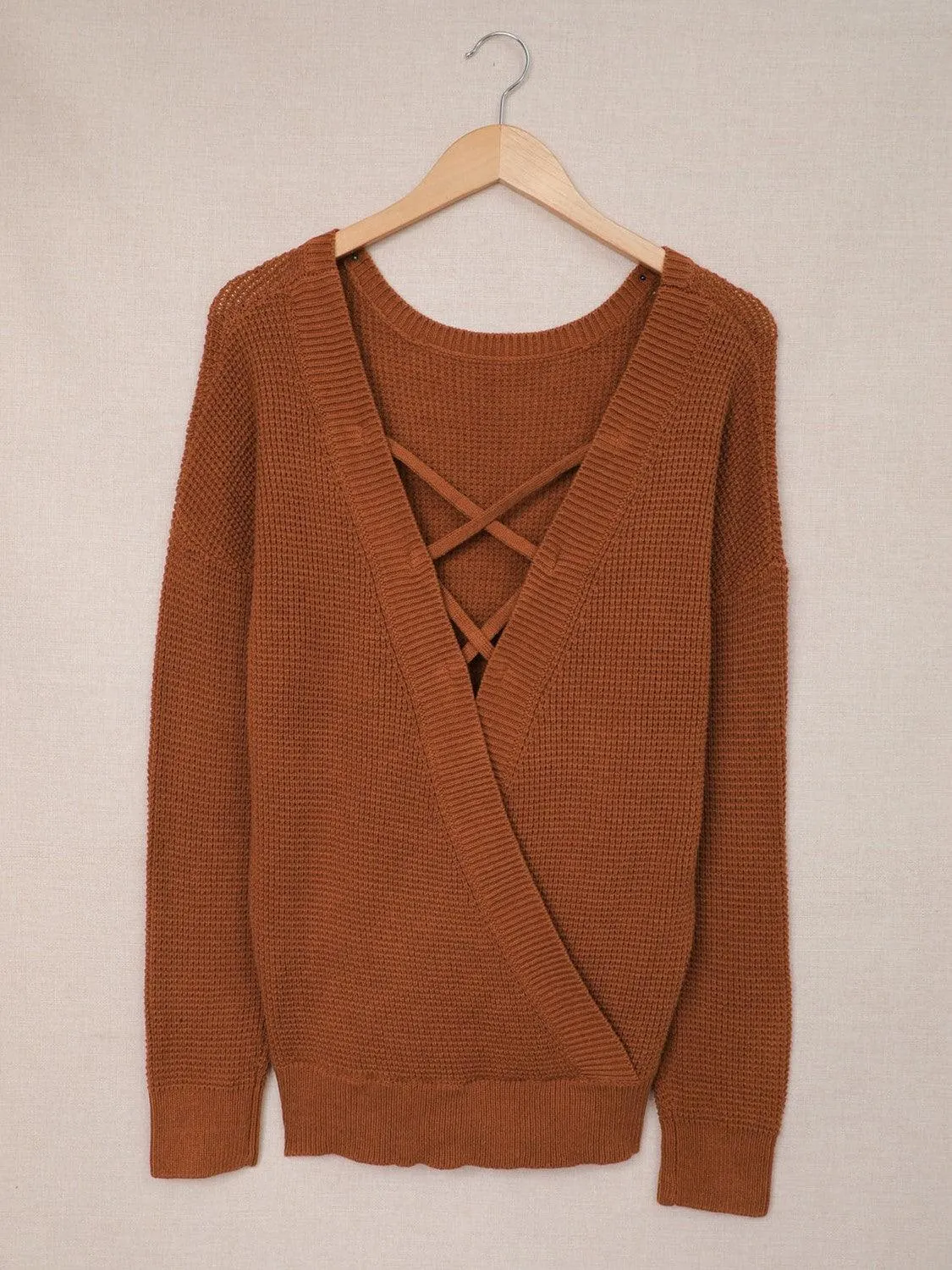 Crisscross Waffle-Knit Back Sweater