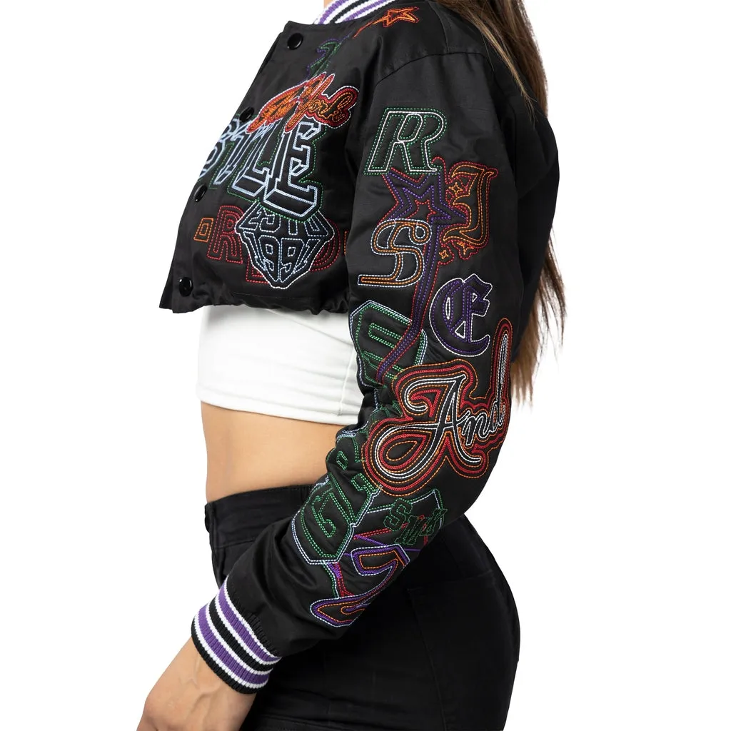 Cropped Varsity Embroidered Jacket - Black