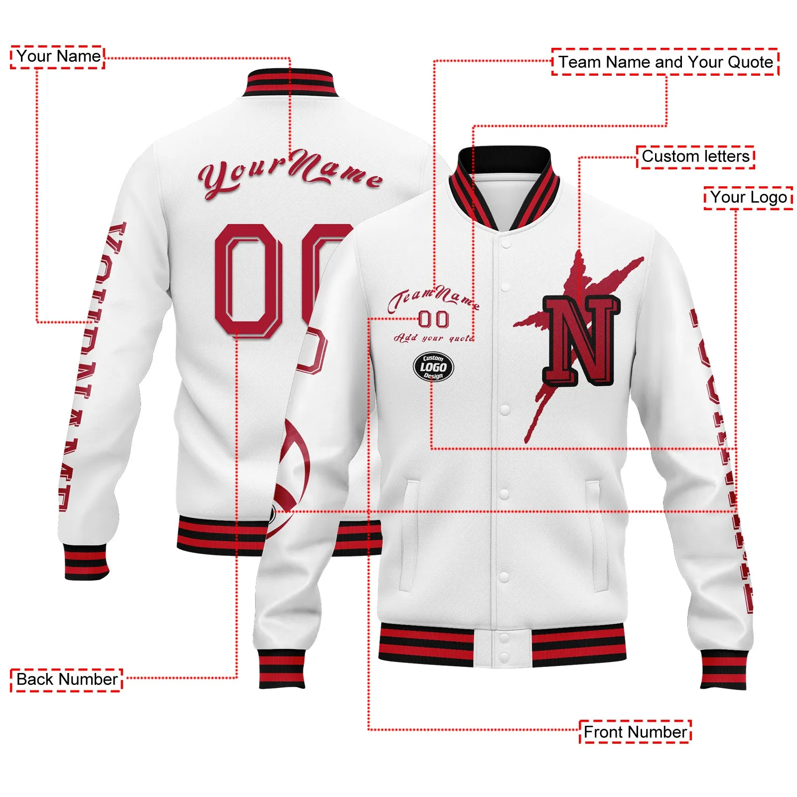 Custom White Red New York Jacket Bomber Full-Snap Varsity Letterman Personalized Jacket FZ005SX-D020290-21