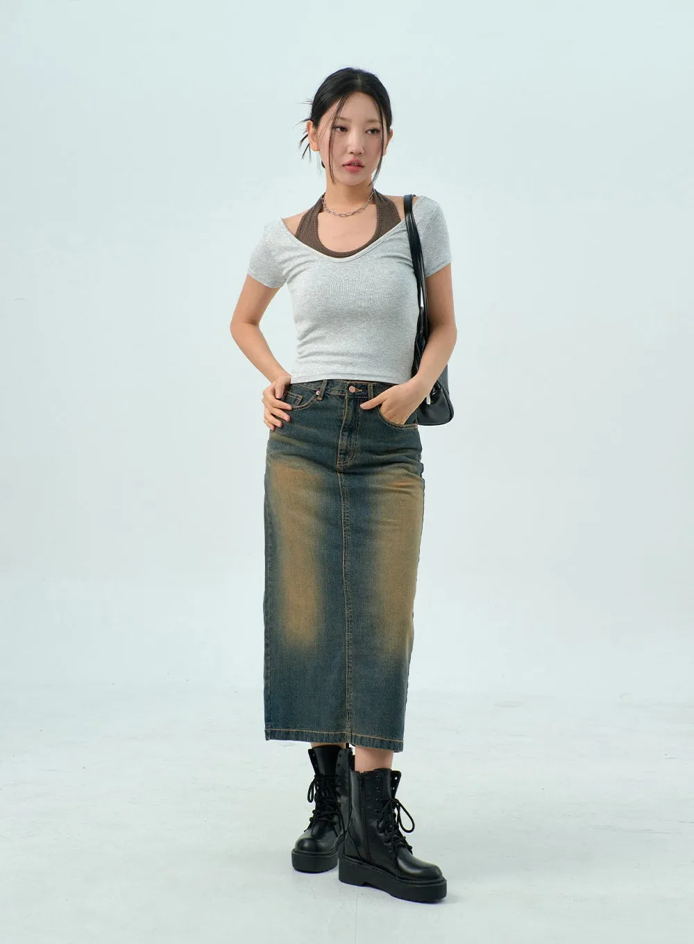 Dark Wash Denim Maxi Skirt CY325