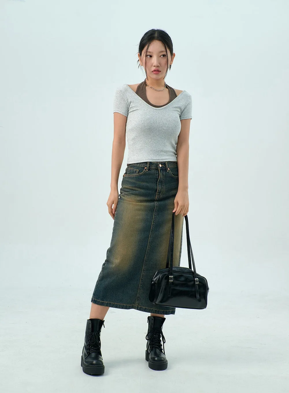 Dark Wash Denim Maxi Skirt CY325