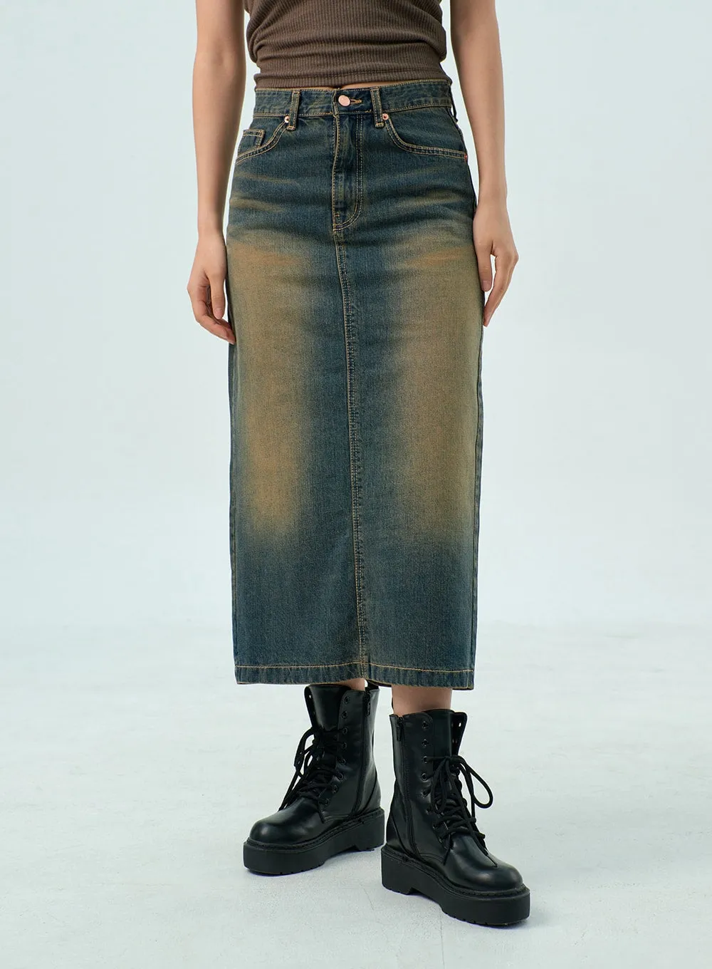 Dark Wash Denim Maxi Skirt CY325