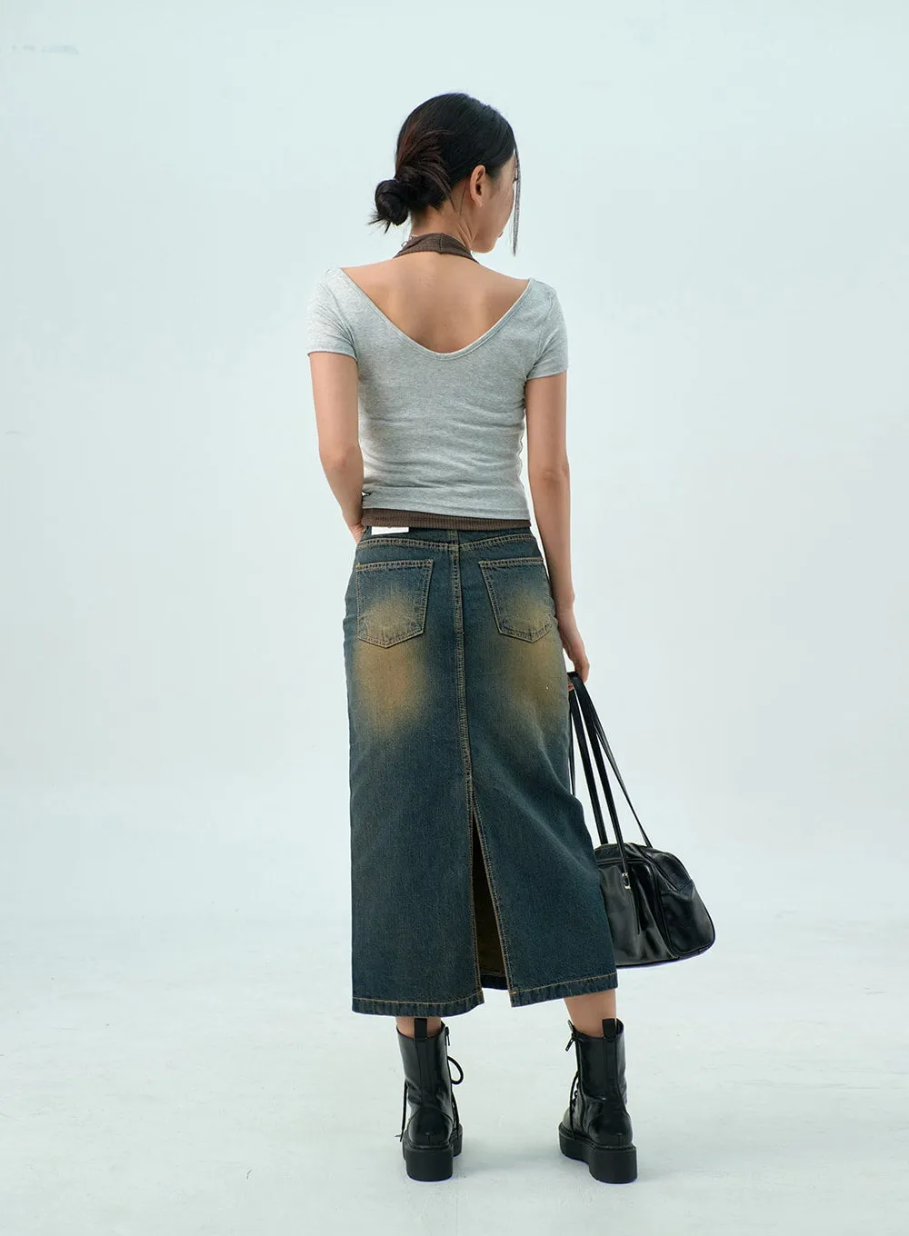 Dark Wash Denim Maxi Skirt CY325