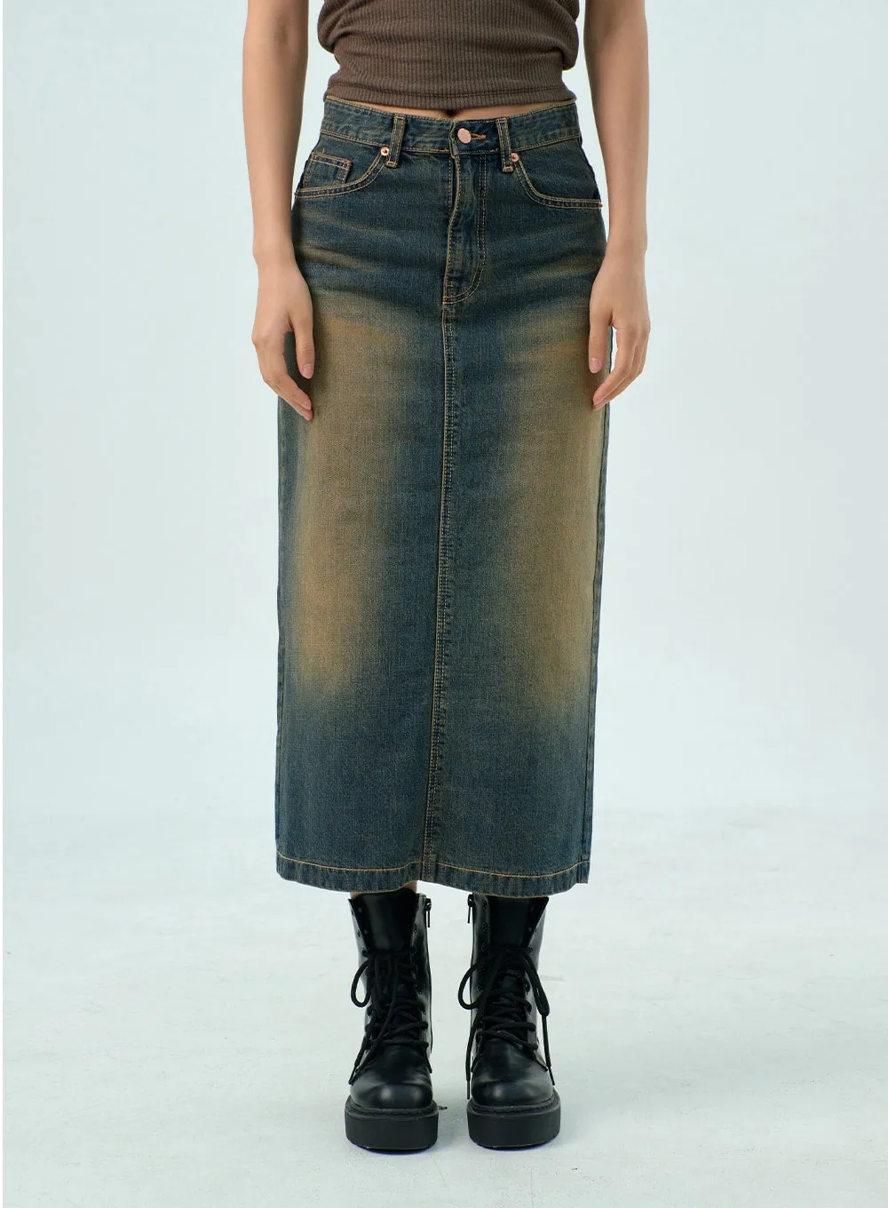 Dark Wash Denim Maxi Skirt CY325