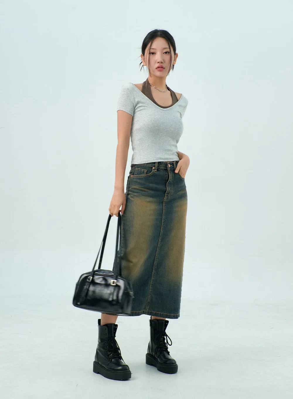 Dark Wash Denim Maxi Skirt CY325