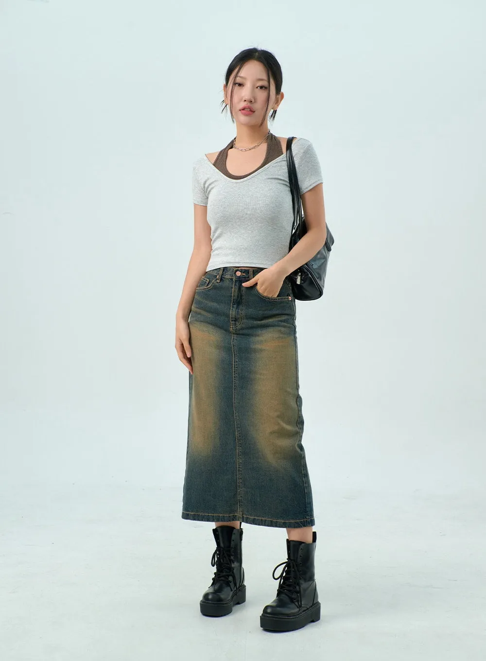 Dark Wash Denim Maxi Skirt CY325